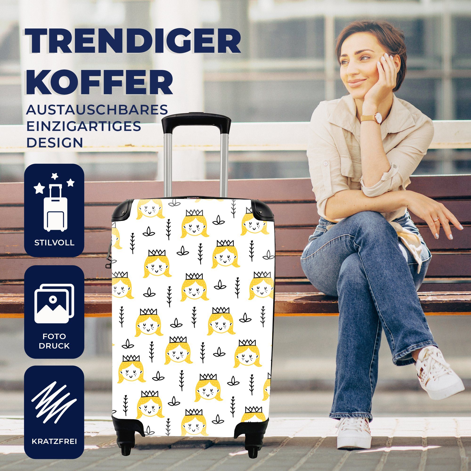 - Krone - Rollen, rollen, Prinzessin - Ferien, Handgepäckkoffer Kinder, für Muster Reisekoffer Reisetasche Trolley, 4 Kinder Mädchen Handgepäck - MuchoWow - Mädchen mit -