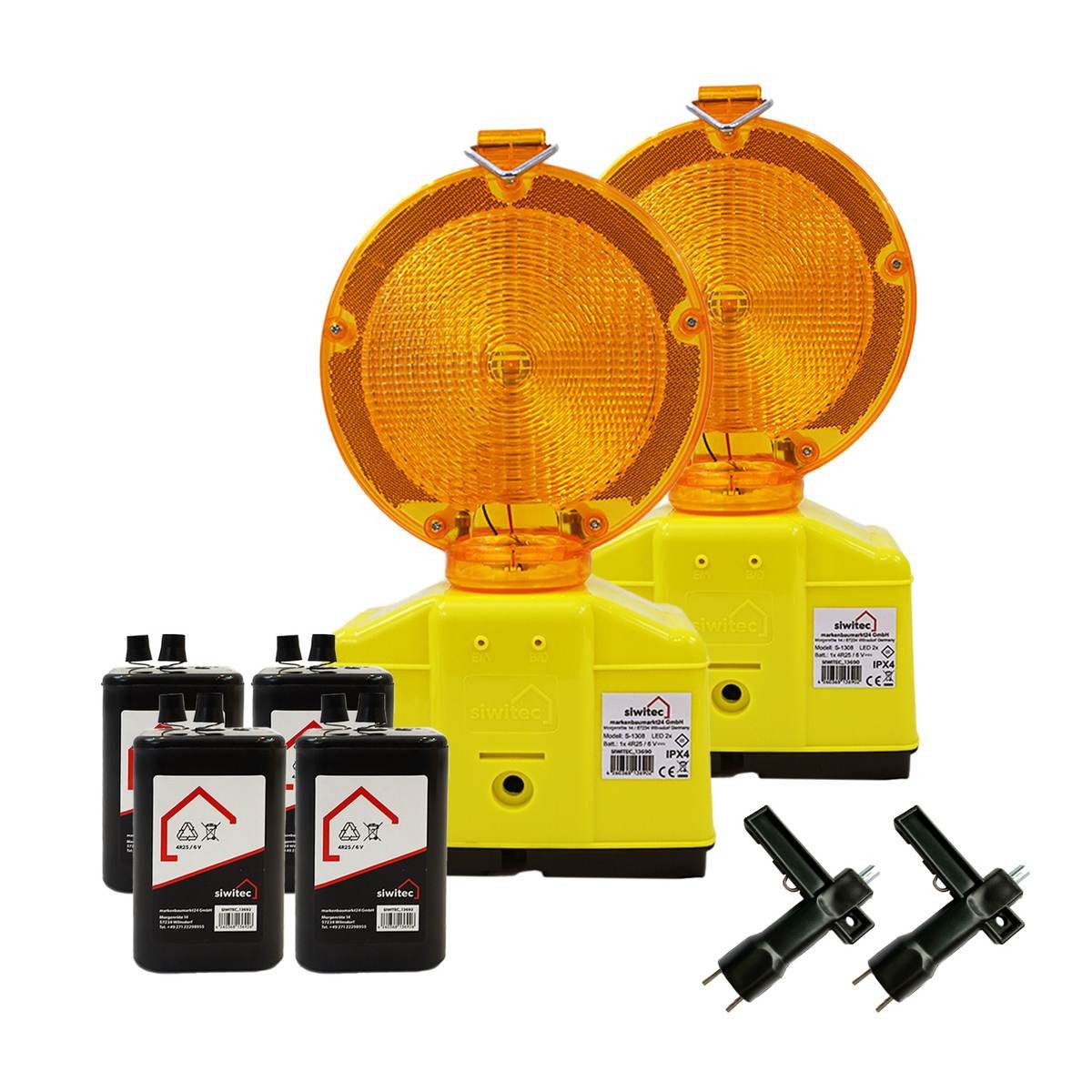 siwitec Baustrahler 2 x Baustellenleuchte gelb mit Lampenschlüssel inkl. 4 x Blockbatterie, Weiß, Dämmerungsfunktion