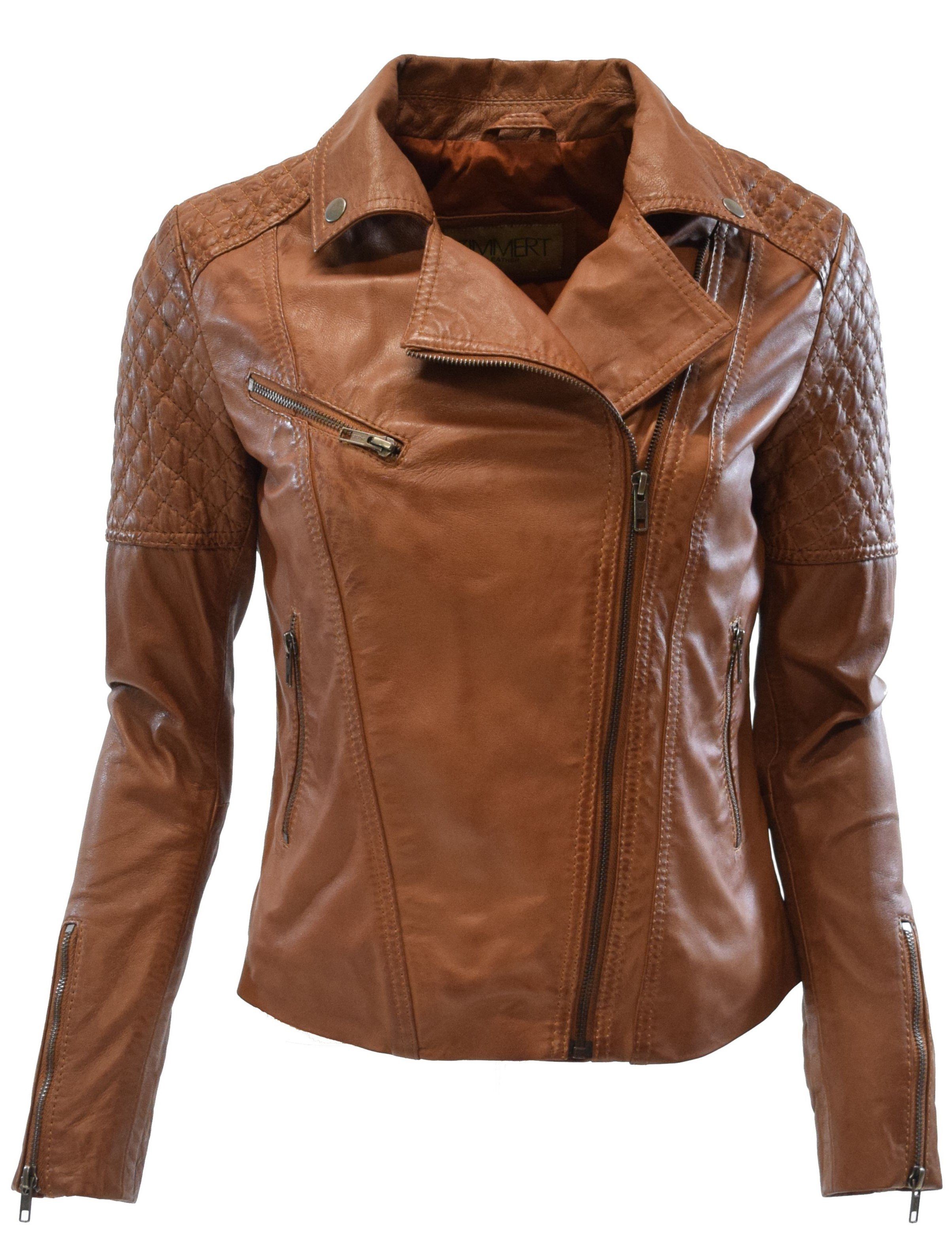 Zimmert Leather Lederjacke Mona Cognac, Rot, Biker-Stil, Knautschiges Leder