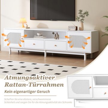 Gotagee TV-Schrank TV-Schrank Eleganter 180cm TV-Ständer weiß Rattan TV Lowboard 2 Türen für 80-Zoll-Fernseher - Kabelführung, 2 Türen, 2 Schubladen