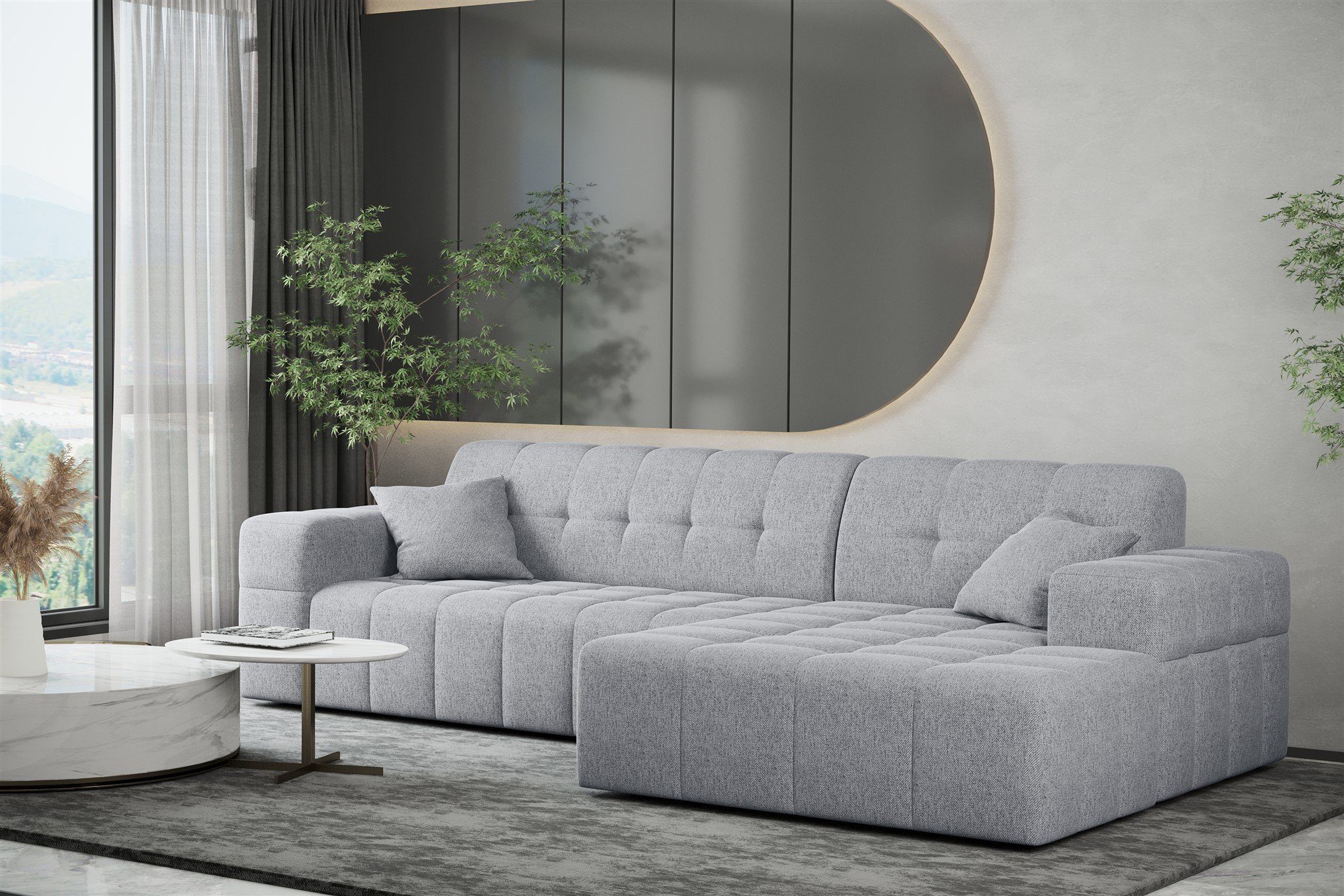 Fun Möbel Ecksofa Designersofa NANCY Ottomane in Webstoff Neve, mit Ottomane und 2 x Zierkissen, Rundumbezug