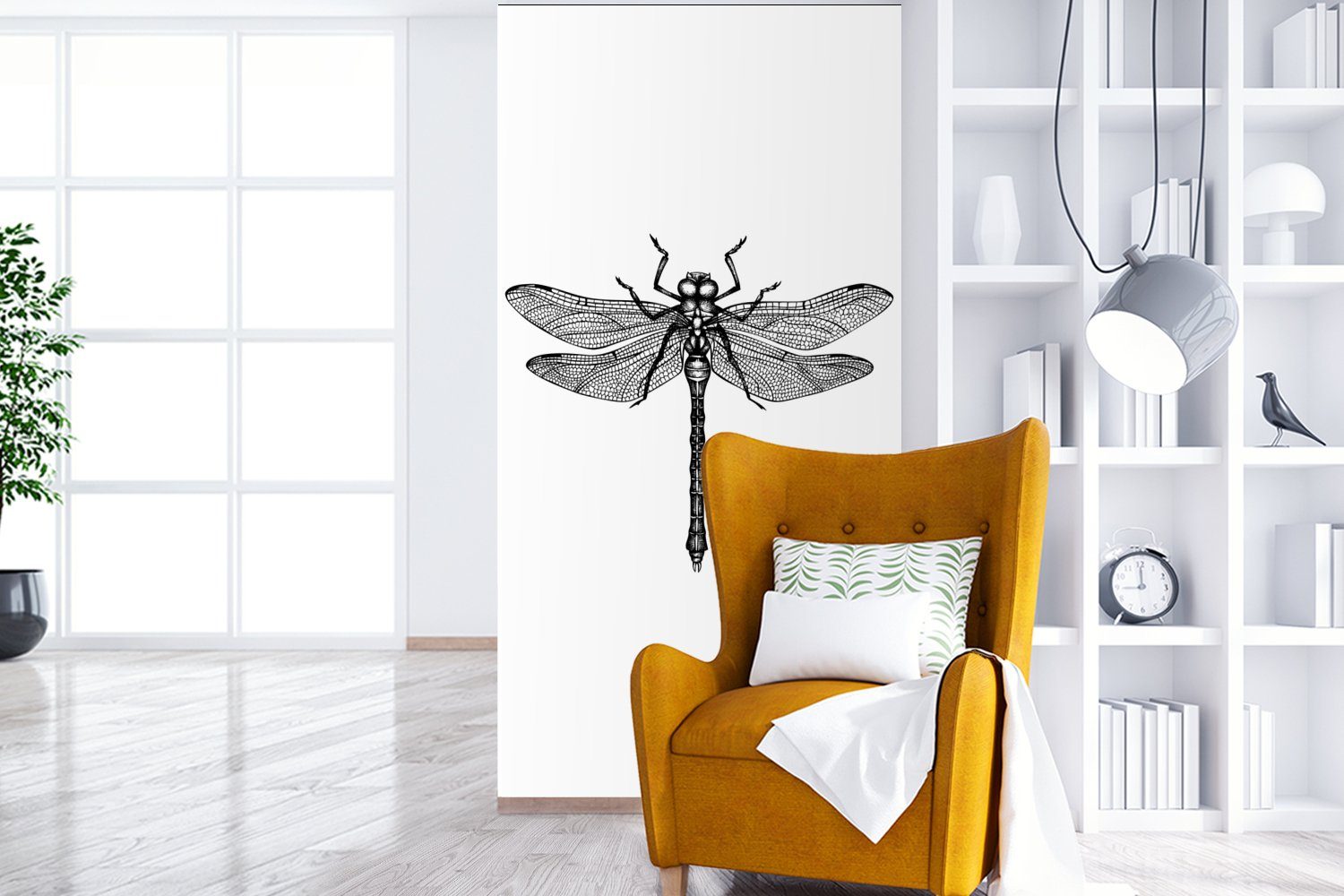MuchoWow Fototapete Libelle - Insekten St), für (2 und Küche, - Matt, bedruckt, - Schlafzimmer Fototapete Wohnzimmer Schwarz weiß, Retro Vliestapete