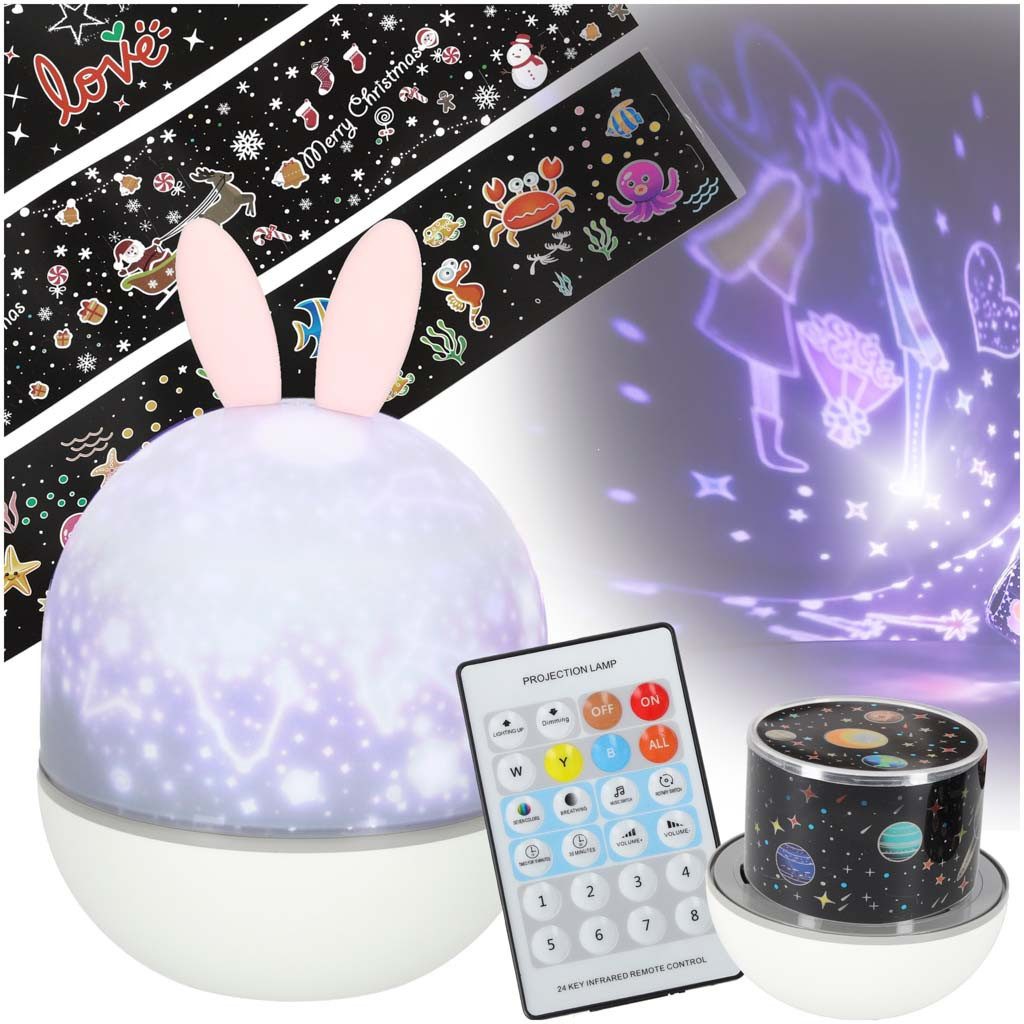 Ikonka LED Nachtlicht Sternenprojektor Schlummerlicht Kinderzimmerleuchte, Projektion, Drehung, Musik, Timer, Dimmfunktion, Farbwechsel, LED, blau, weiß, gelb, bunt, Sternenprojektor, Fernbedienung, Musik, Timer, Akku