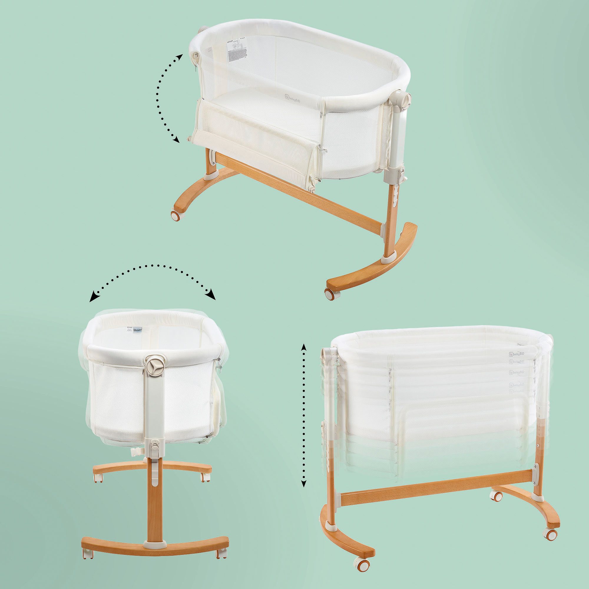 BabyGo Amila bedside crib, beige white, with rocking function