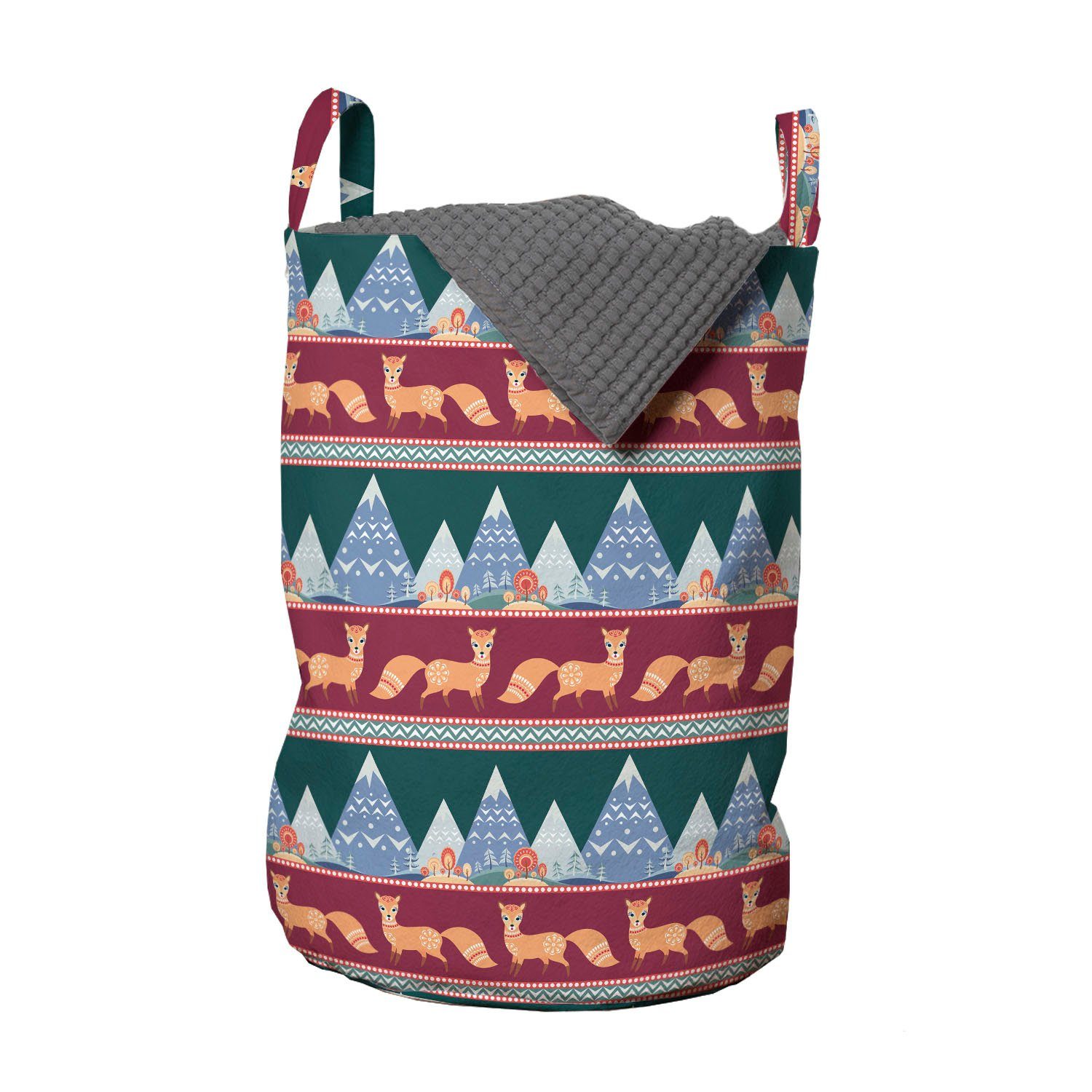 Abakuhaus Wäschesäckchen Wäschekorb mit Griffen Kordelzugverschluss für Waschsalons, Ethnisch Berge Bäume Fox Patterns
