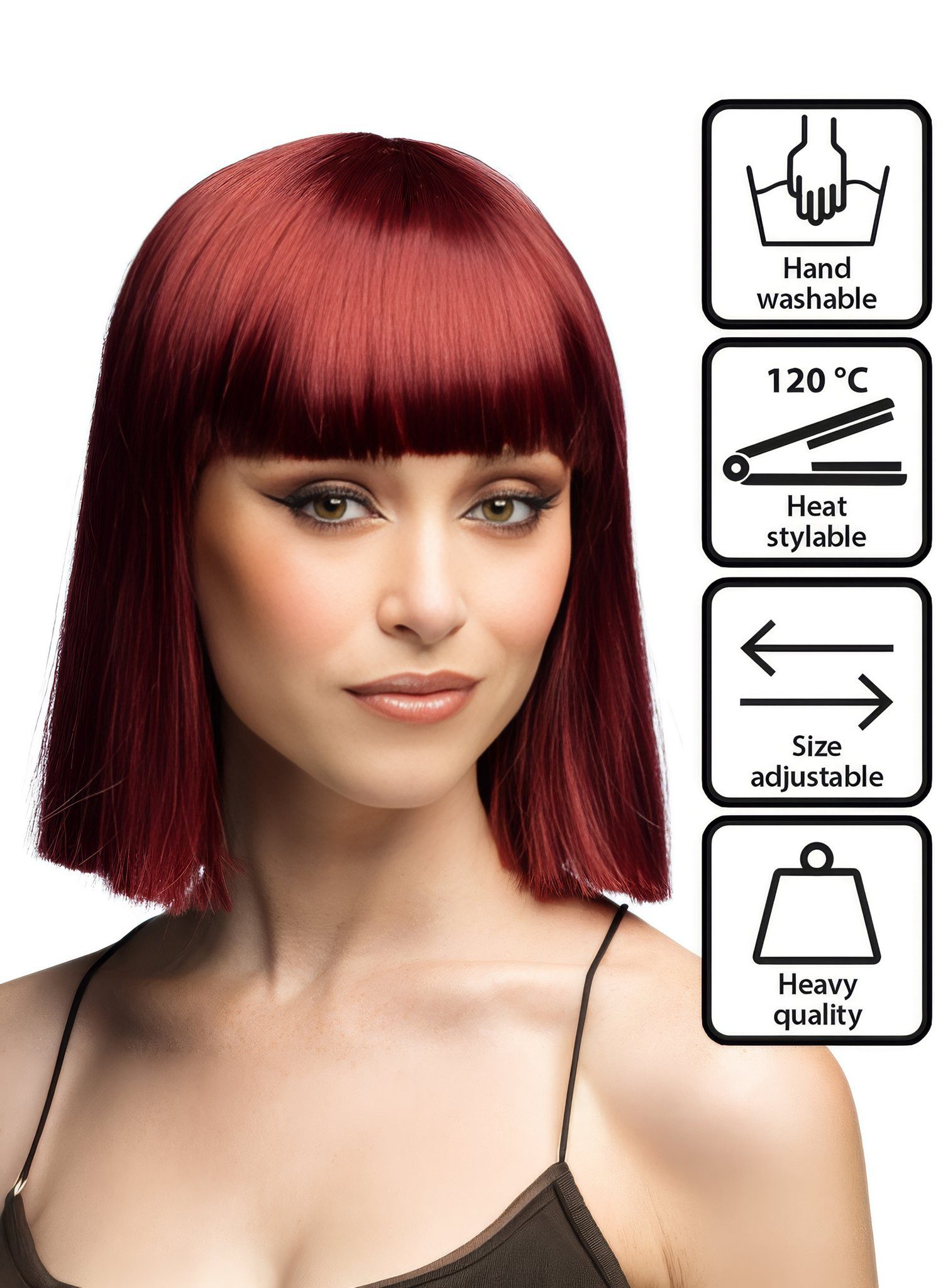 Boland Kostüm-Perücke Blunt Bob mit Pony Perücke sienabraun, Hochwertige Perücke mit glatter Kurzhaarfrisur