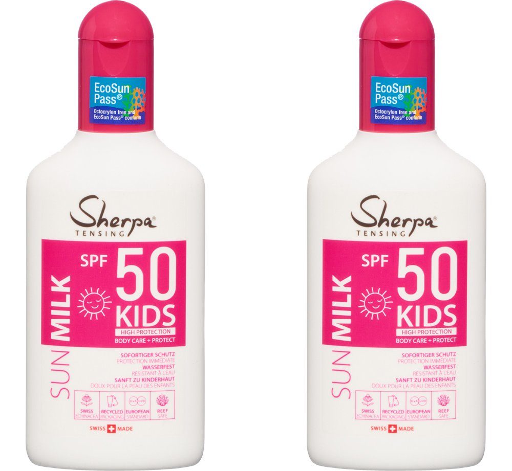 Sherpa Tensing Sonnenschutzcreme 2x175ml Für Kinder SPF 50, 2-tlg., Wasserfest, UVA/UVB Filtersystem, Spendet Feuchtigkeit, Vegan