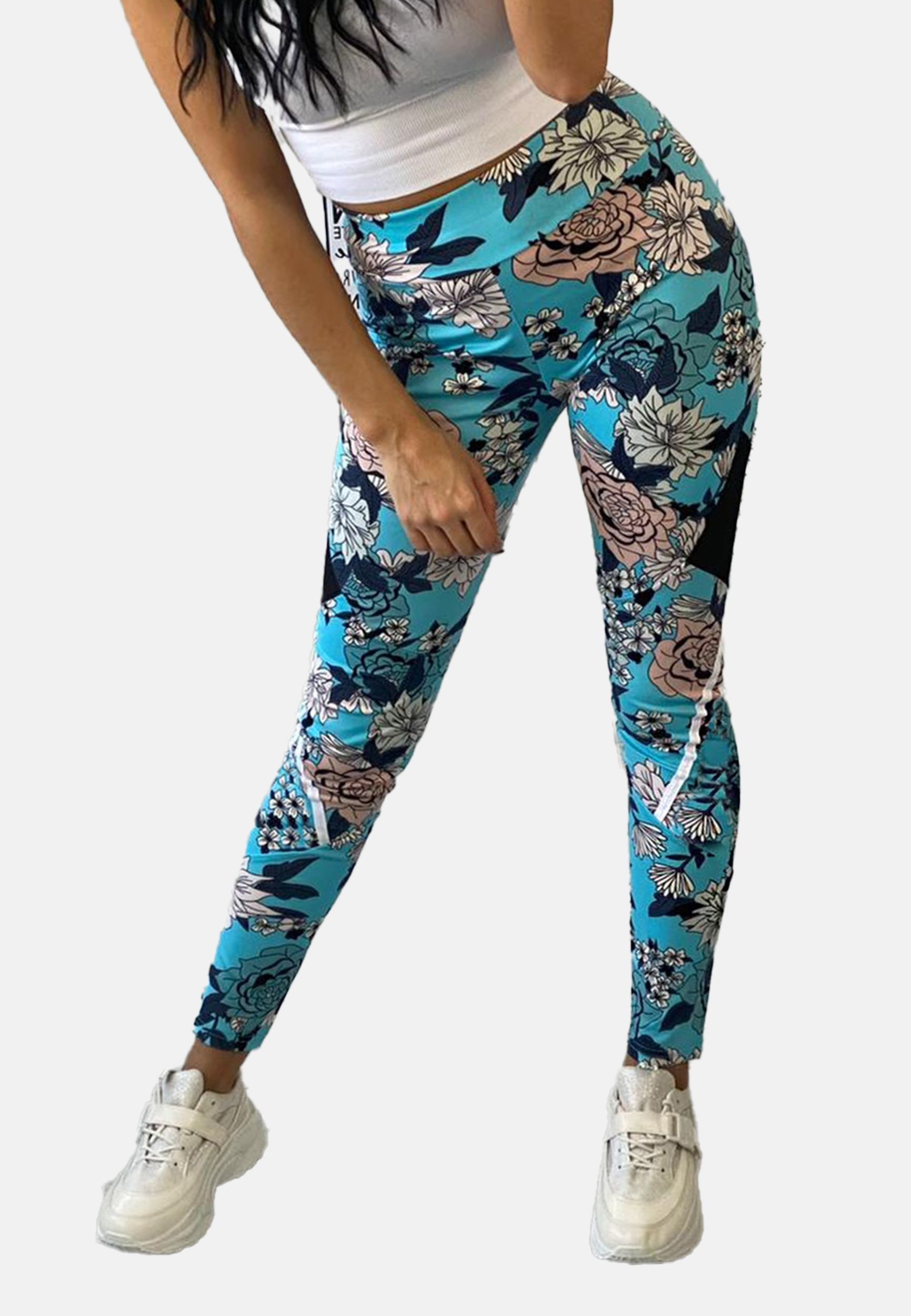 Holala Leggings Yoga Stretch High Waist Mesh Blumen Print für (1-tlg) Skinny fit gemustert elastisch Gummizug sportlich-Style