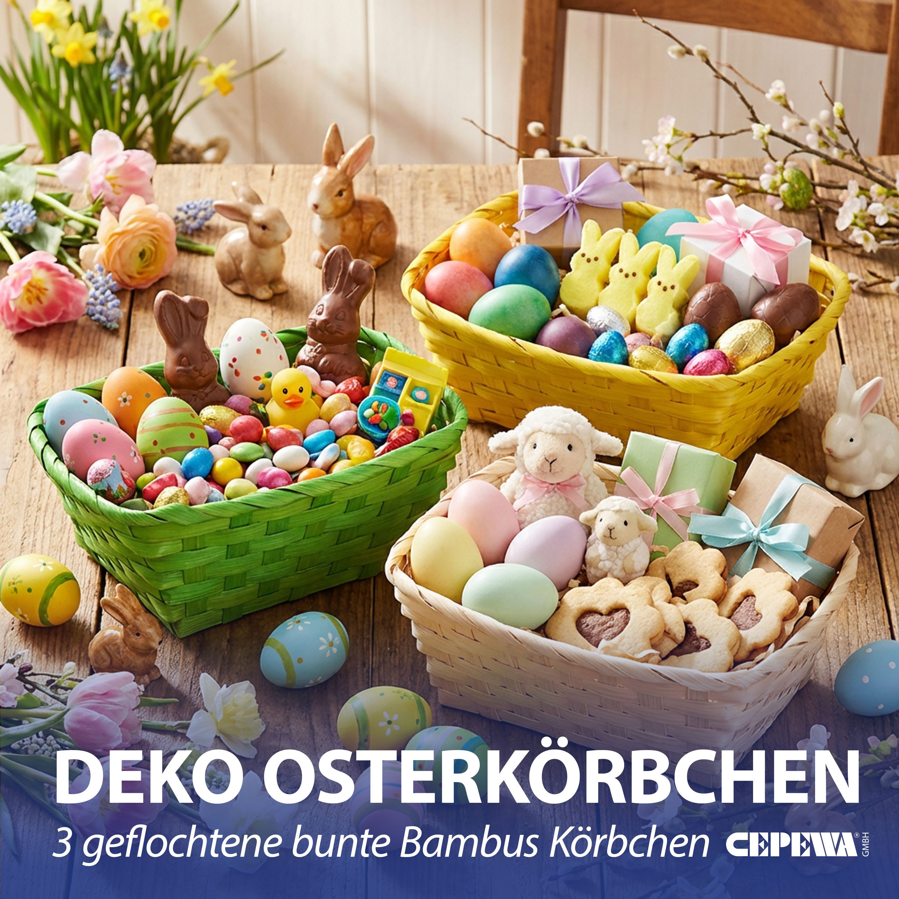 CEPEWA Osternest Osterkorb 3er Set rechteckig natur grün gelb Bambus 20x8x13cm Ostern
