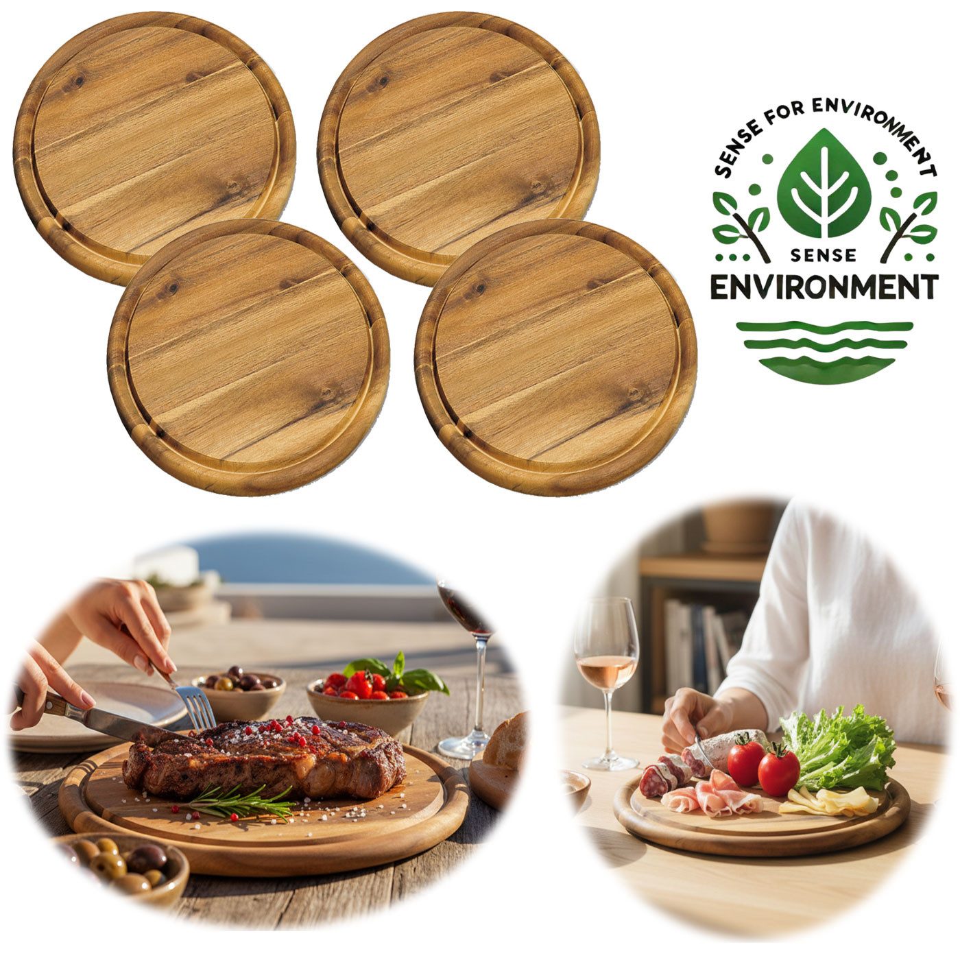 LS-LebenStil Servierbrett 4x Holz Fleischteller Servierteller 25cm Akazie Rund Schneidebrett, Holz, (Set - 4 Stück - Schneidebrett mit Saftrille Vesperbrett Brotzeitbrett, 4-St., Vesperbrett Servierteller Pizzateller Käsebrett Holzbrett)