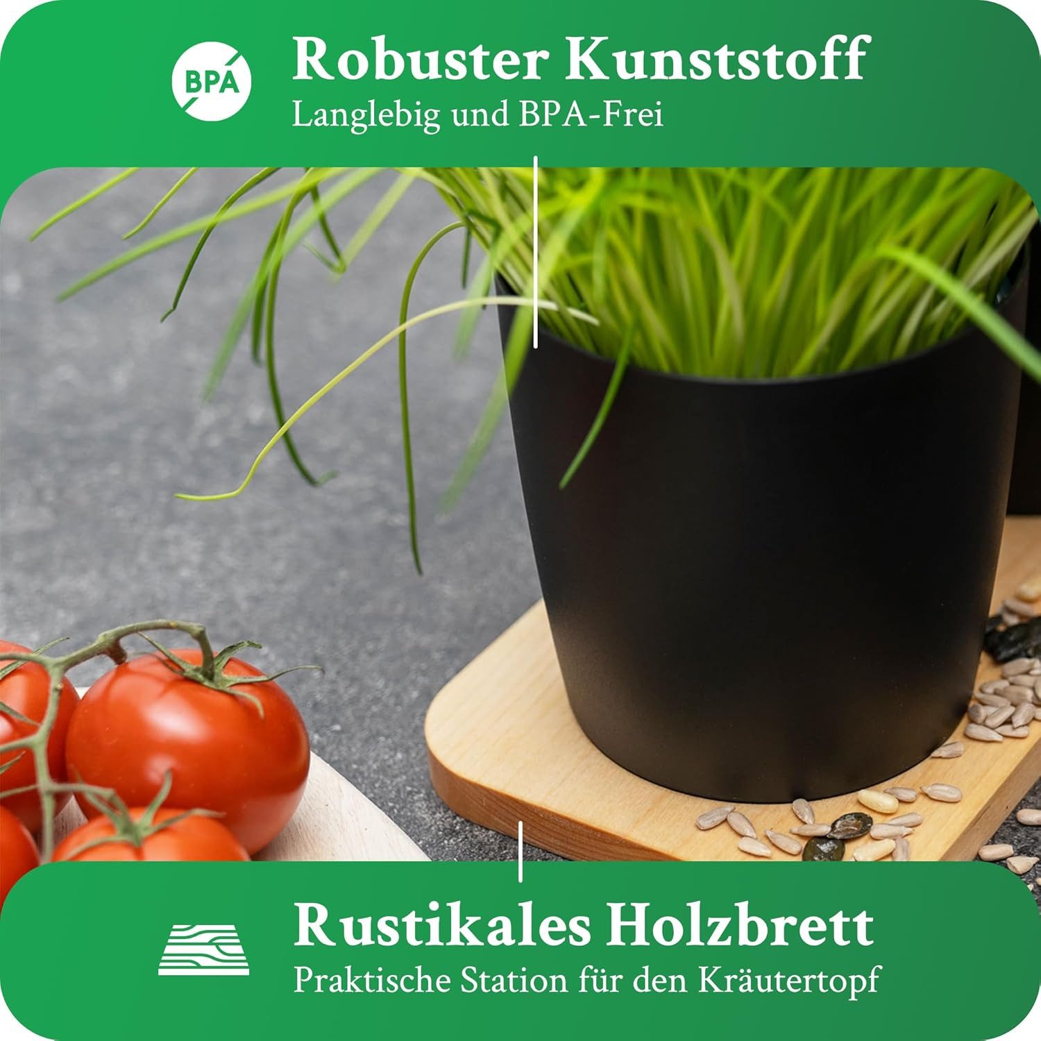Novaliv Kräutertopf 30925-2x (2 St), Novaliv Stilvolle 2er Set Kräutertopf mit Holzunterlage für Jede Fenst