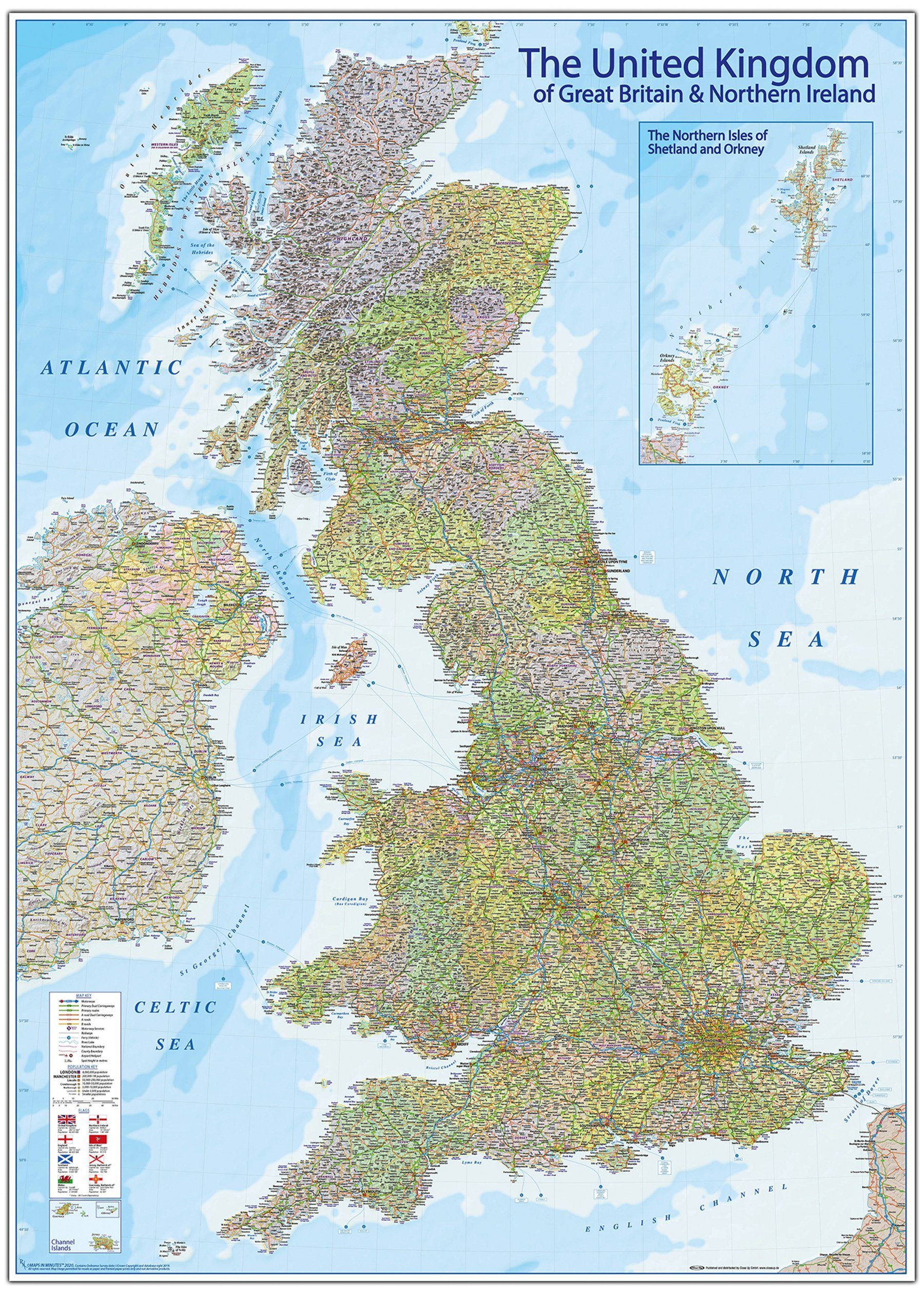 Close Up Poster Karte United Kingdom 2020 - MAPS IN MINUTESÙ 100 x 140 cm