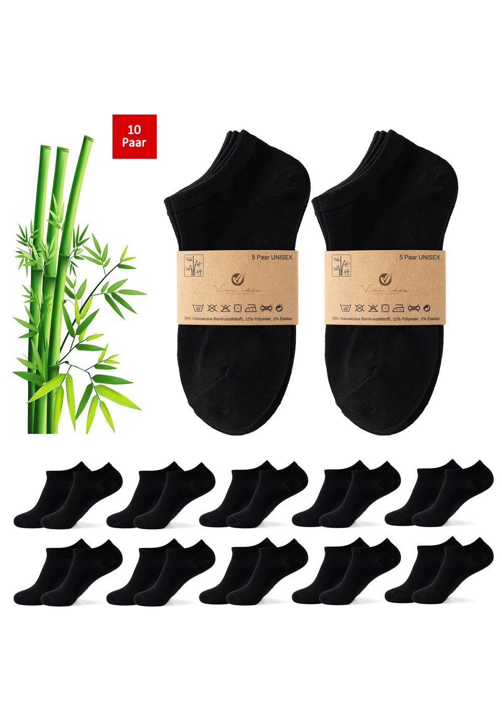Vivi Idee Sneakersocken 10/20 Paar Bambussocken Herren Damen Füßlinge in Schwarz (10-Paar) anti Schweiß, atmungsaktiv, verstärkte Ferse und Zehenbereich