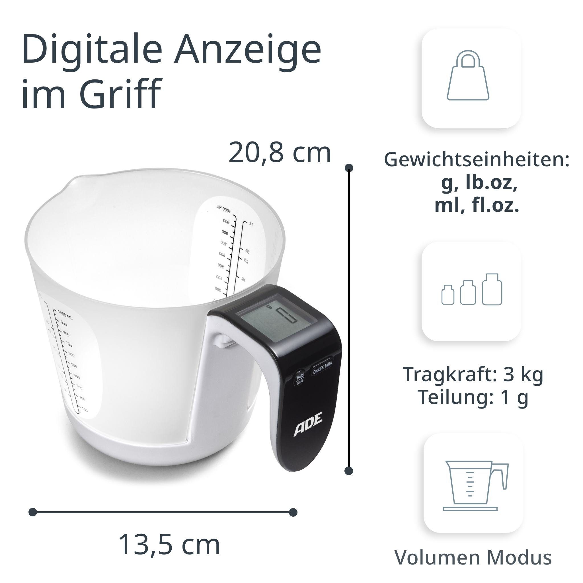 ADE Küchenwaage Messbecher-Waage mit Display im Griff, abnehmbarer Messbecher mit 1 Liter Fassungsvermögen