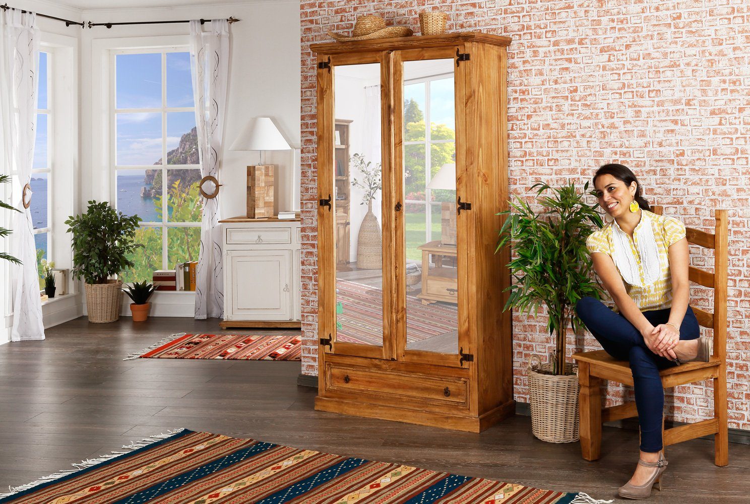 1a Direktimport Schuhschrank Mexico Möbel XL Schuhschrank Spiegel - Pinie Massivholz - Landhaus