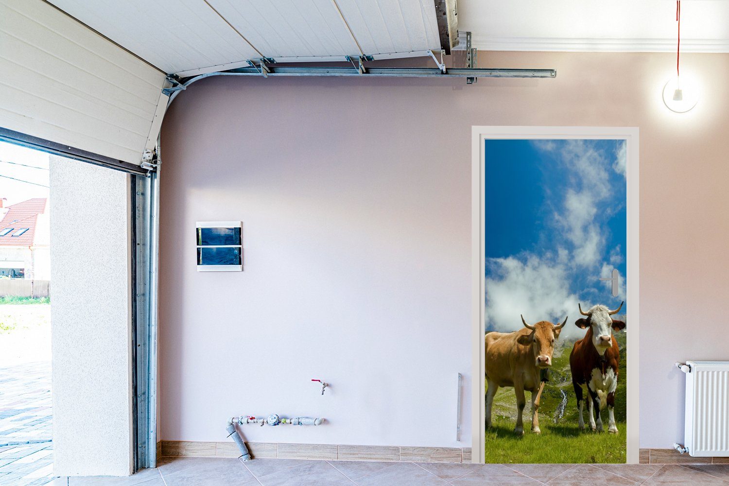 MuchoWow Fototapete Tür, (1 Sonne Landschaft, Matt, Türaufkleber, - bedruckt, für - St), Kühe Türtapete 75x205 cm
