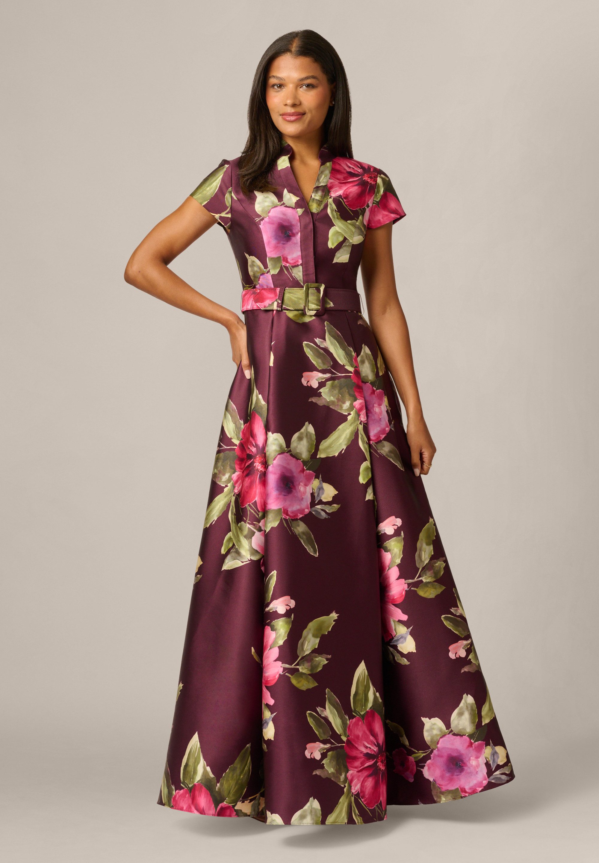 Adrianna Papell Abendkleid Floral Mikado Gown Strukturiertes und voluminöses, bedrucktes Mikado-Shirtkleid