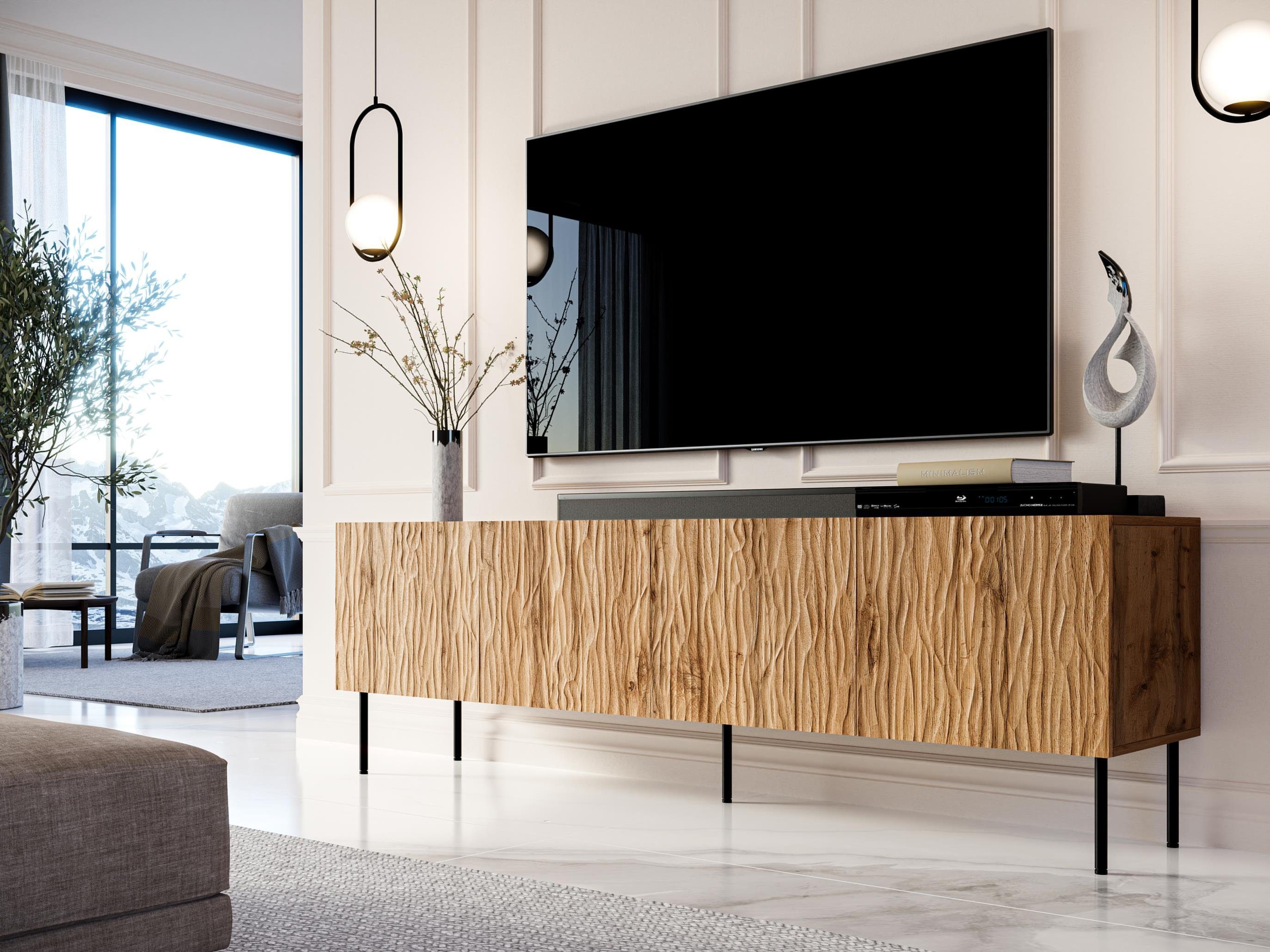 Furnix TV-Schrank GLEYA 190 Fernsehschrank mit gefrästen Fronten multifunktionell Eiche Wotan Struktur