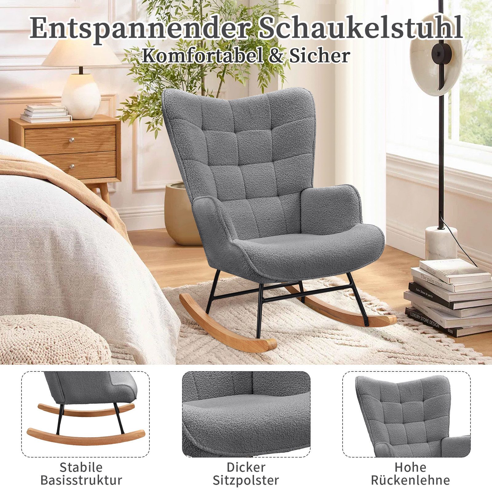 BELUPAI Schaukelstuhl Polster Schaukelsessel, mit Massivholzfüßen und Metallgestell (Set, 1 St), für Schlafzimmer,Teddystoff,Dunkelgrau – Bild 4 von 5