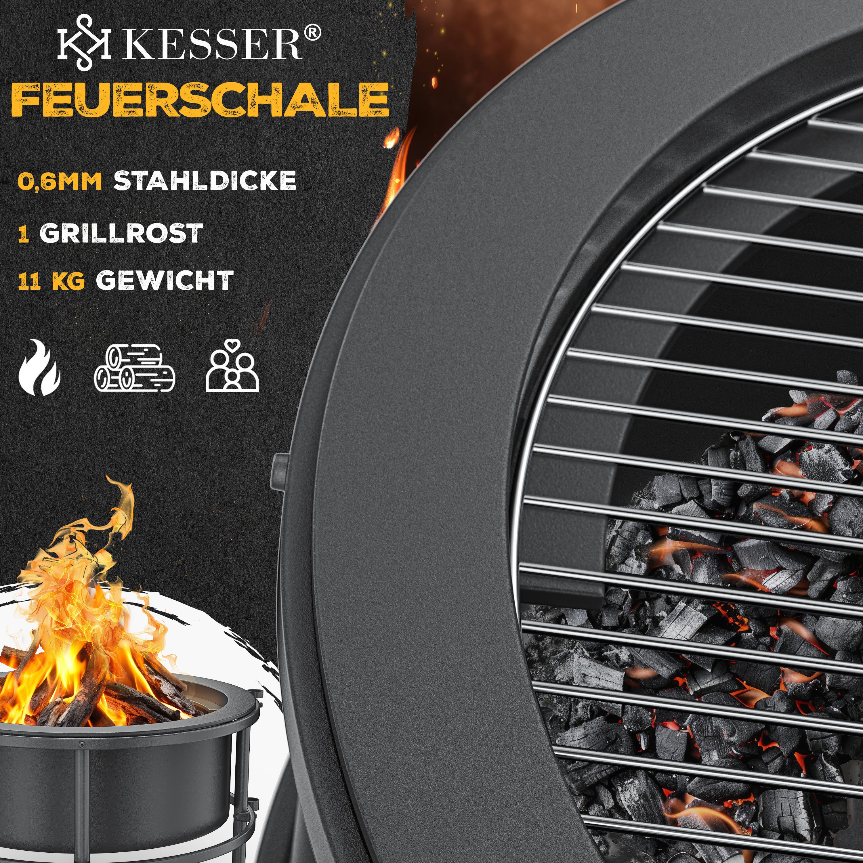 KESSER Feuerschale Ø65cm Feuerstelle aus kaltveredeltem Stahl mit 0,6mm Stahldicke, (Feuerkorb inkl Grillrost, Feuerhaken aus Gusseisen, Bürste & Abdeckung), Feuertonne mit Rad & Feststell-Bremse, Lagerfeuer mit Holz & Kohle