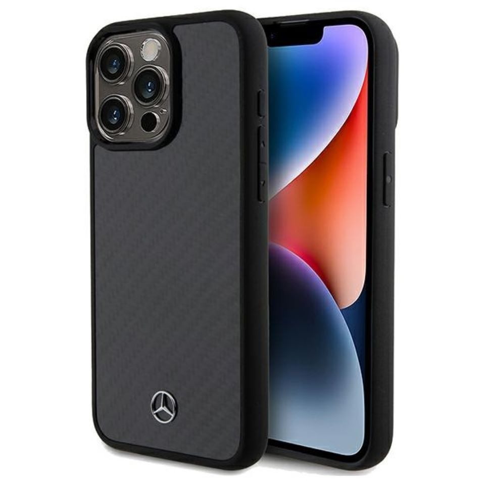 Mercedes Benz Handyhülle iPhone 15 Pro Max Carbon Optik schwarz Logo Stern silber 6,7 Zoll, Kantenschutz