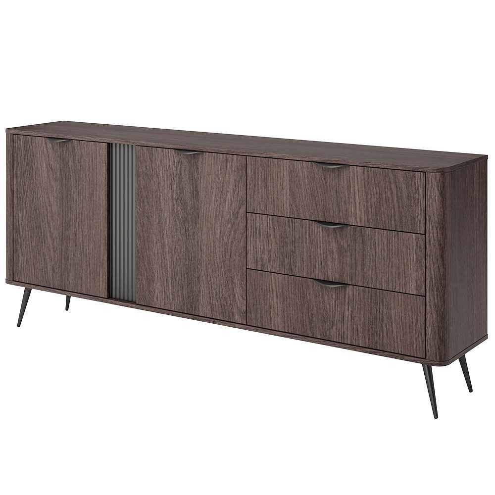 Lomadox Sideboard VOLTERRA-167, in Eiche, 195 cm breit mit 3 Schubladen und schwarzem Rillendesign