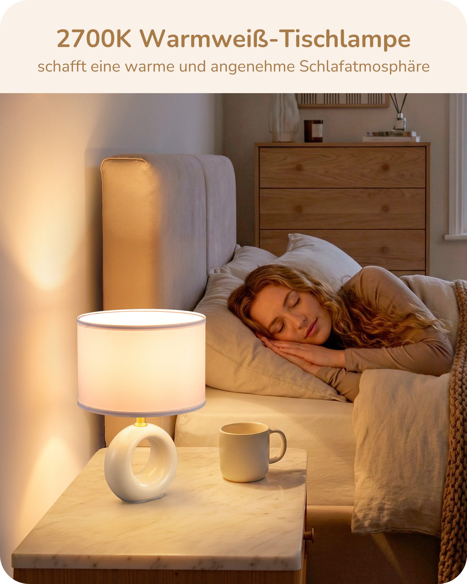 EDISHINE Nachttischlampe Keramik-Tischlampe, elegante und moderne Nachttischlampe, LED wechselbar, warmweiß, mit Stoffschirm, E14-Leuchtmittel inklusive, 2700K  – Bild 5 von 5