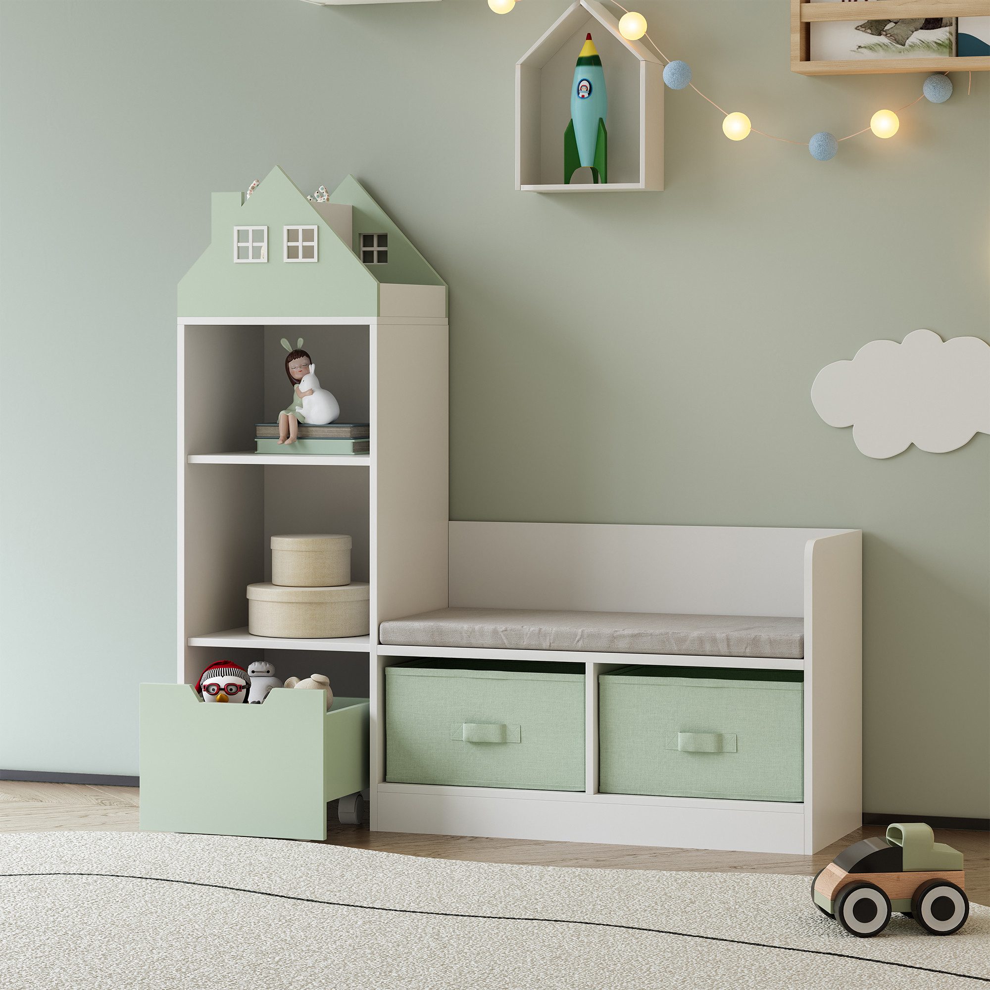 en.casa Sitzbank, mit Regal für Kinder »Vipsali« mit 2 Faltboxen 100x99x30 cm Mint/Weiß