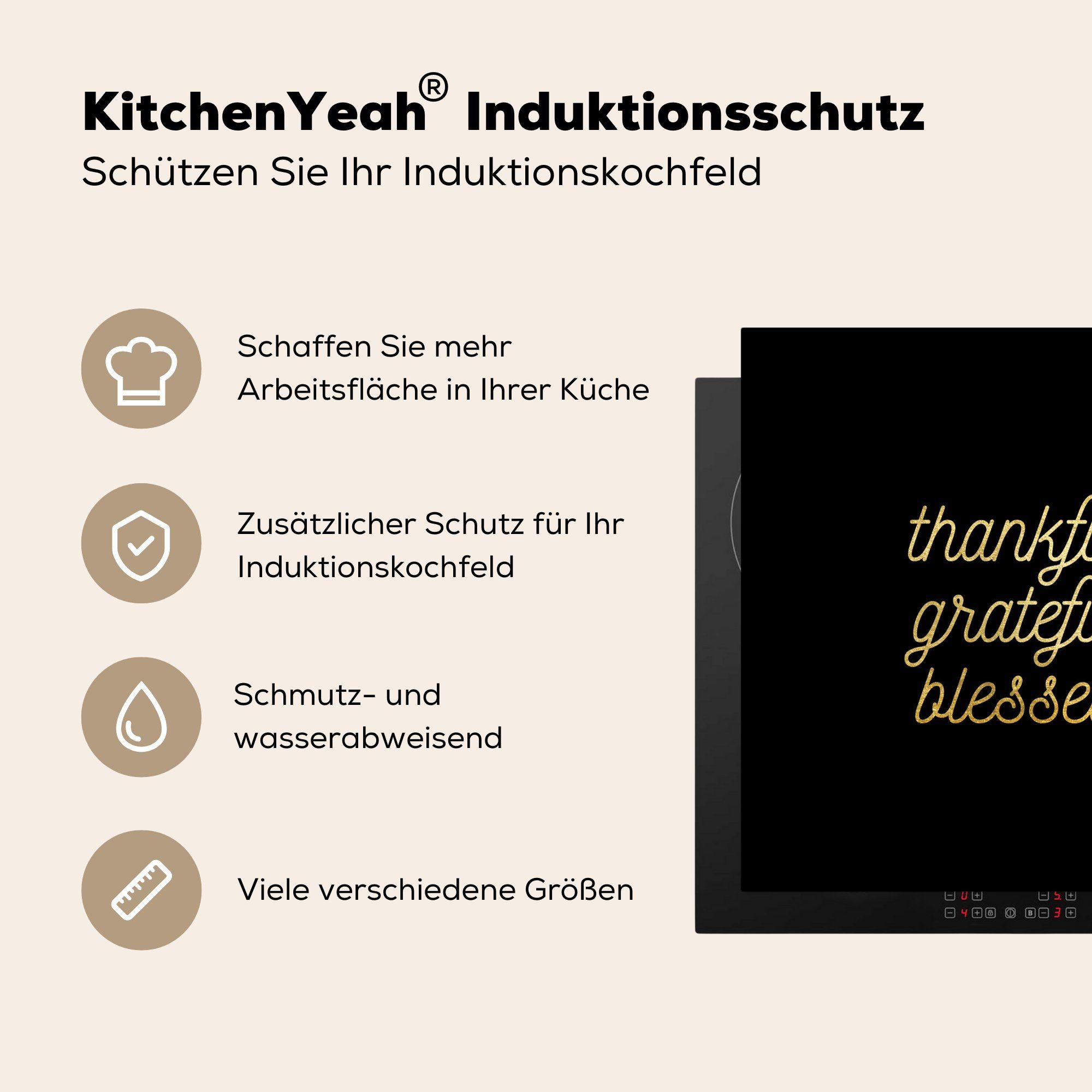 Zitate - Arbeitsplatte 78x78 küche für Gold Herdblende-/Abdeckplatte (1 - Sprichwörter Schwarz, cm, - MuchoWow Ceranfeldabdeckung, Vinyl, tlg),