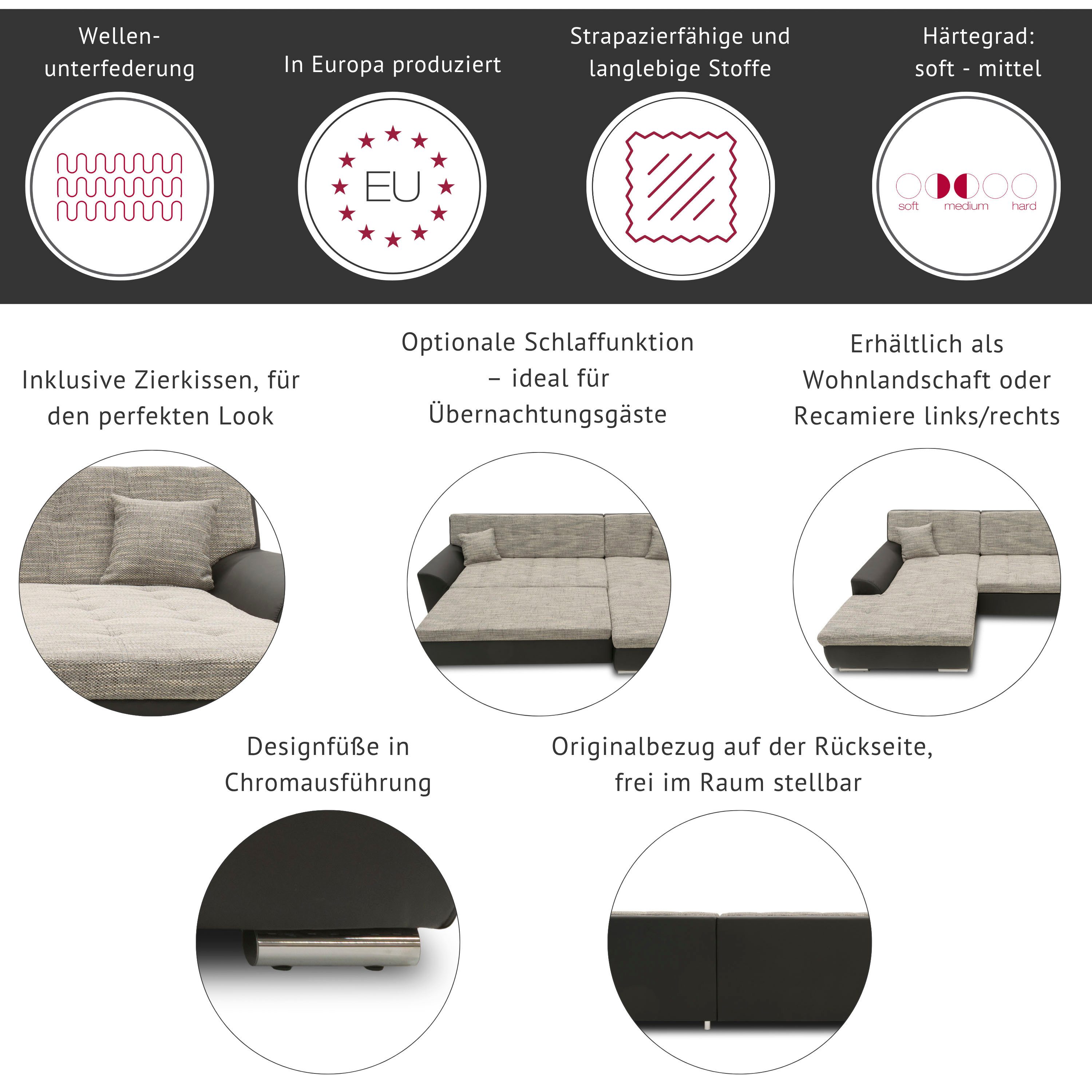 DOMO collection Wohnlandschaft BRANDON whlw. mit Sitztiefenverstellung, whlw. Nierenkissen, mit Kopfteilverstellung, wahlweise Sitztiefenverstellung, U-Form