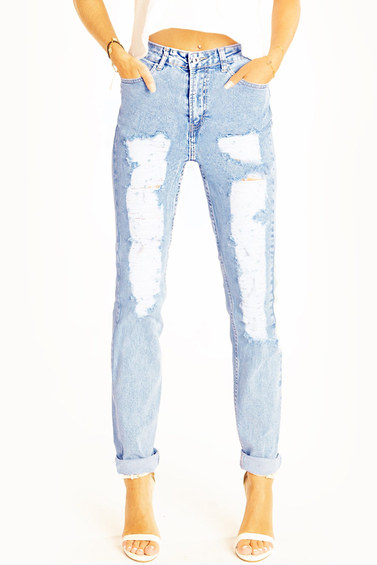 be styled Destroyed-Jeans Zerrissene slim fit High Waist Jeans used Röhren Hose - Damen - j24k-L High waist