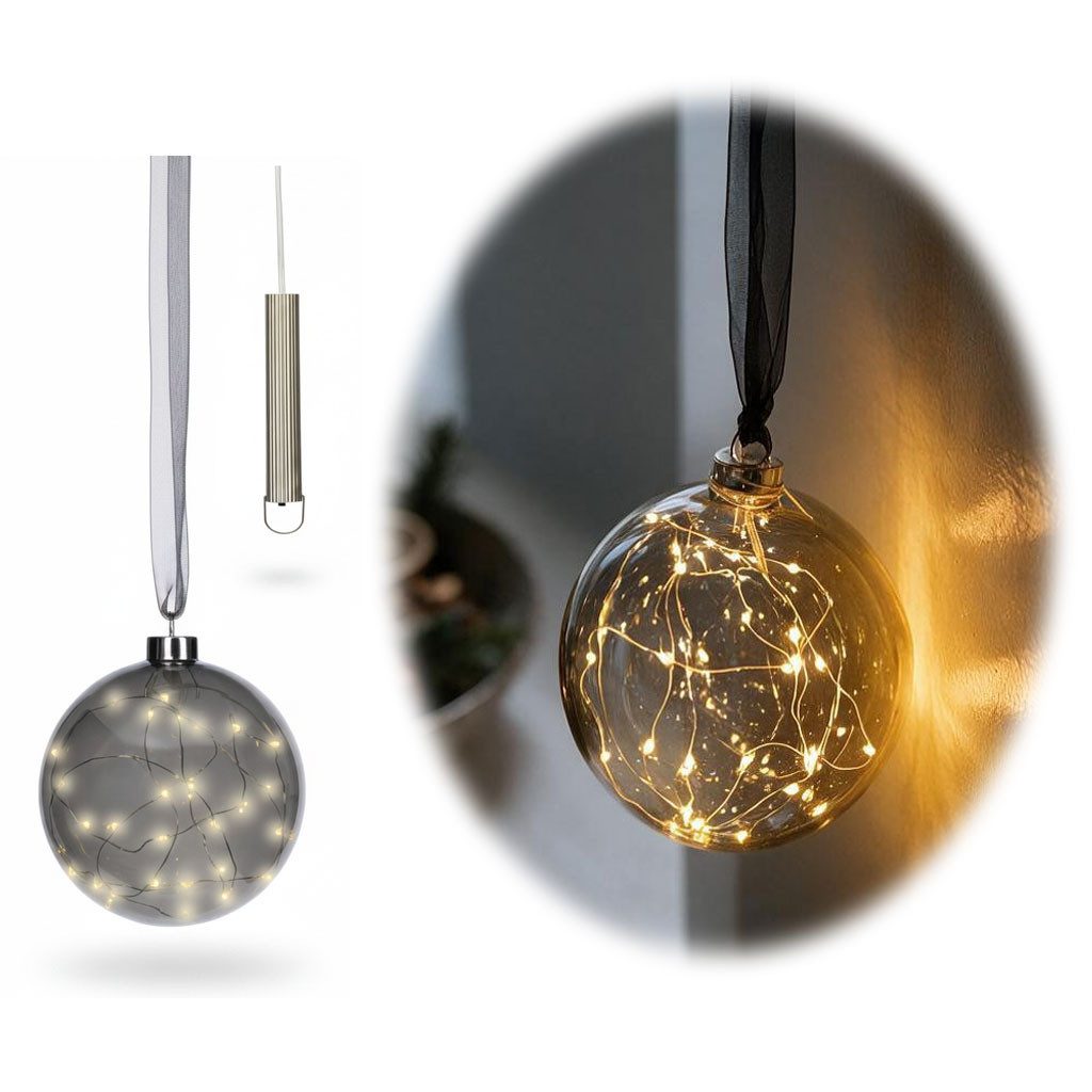 LS-LebenStil Lichterkette XL Deko Glas Lichtkugel 30LED 14cm Grau Anthrazit Glaskugel Timer Batt, 30-flammig, Dekokugel Dekolicht Fensterdekoration Weihnachtsbeleuchtung Kugel Glas