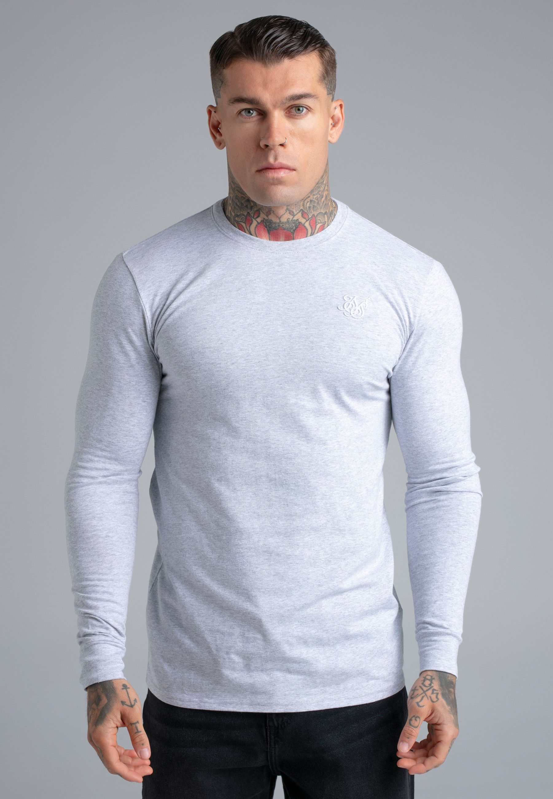 T-Shirt SikSilk Herren Essentials Langarm-T-Shirt in Grau Meliert