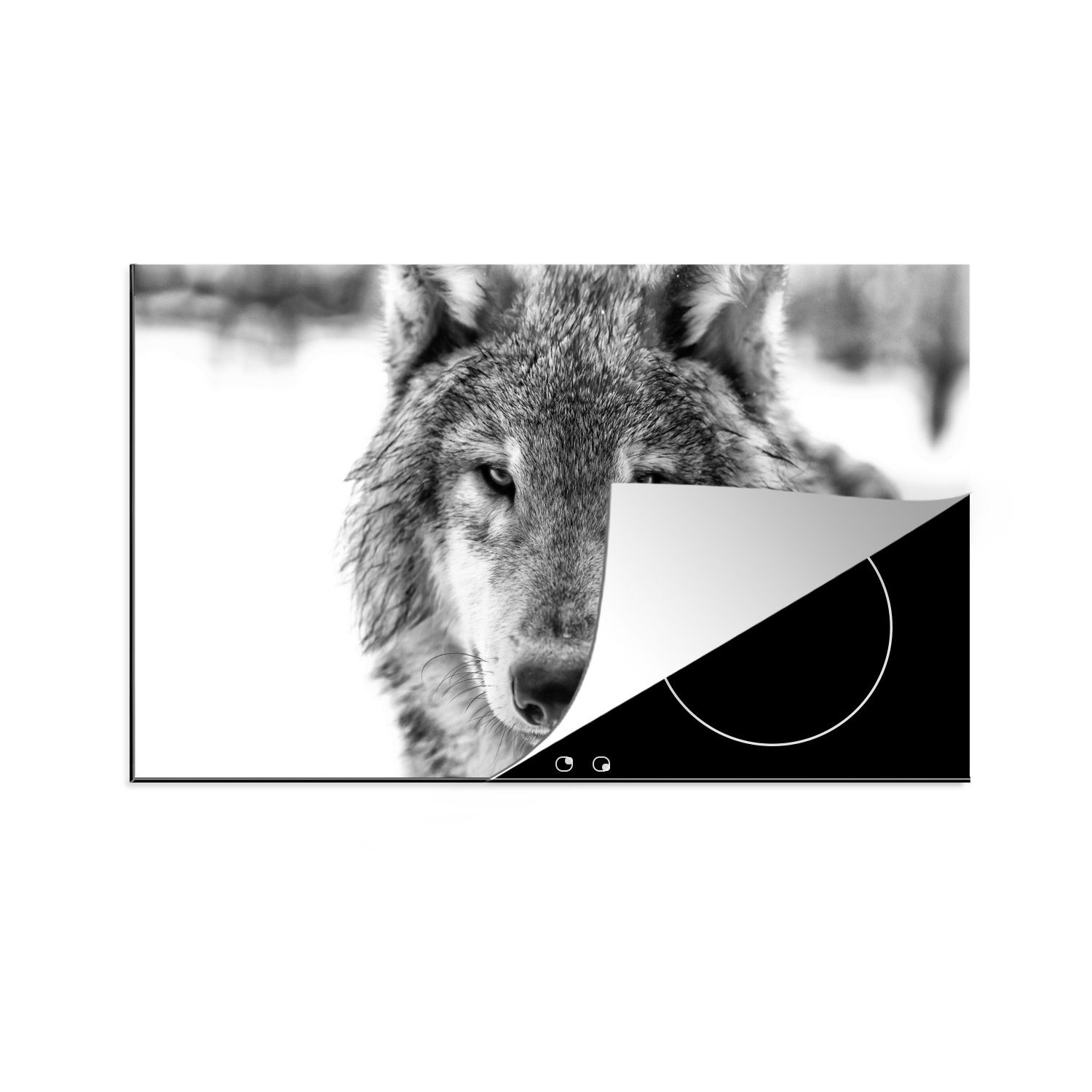 cm, und Winter Herdblende-/Abdeckplatte Wolf im für MuchoWow Schwarz 83x51 in Vinyl, tlg), Arbeitsplatte Weiß, (1 Ceranfeldabdeckung, küche