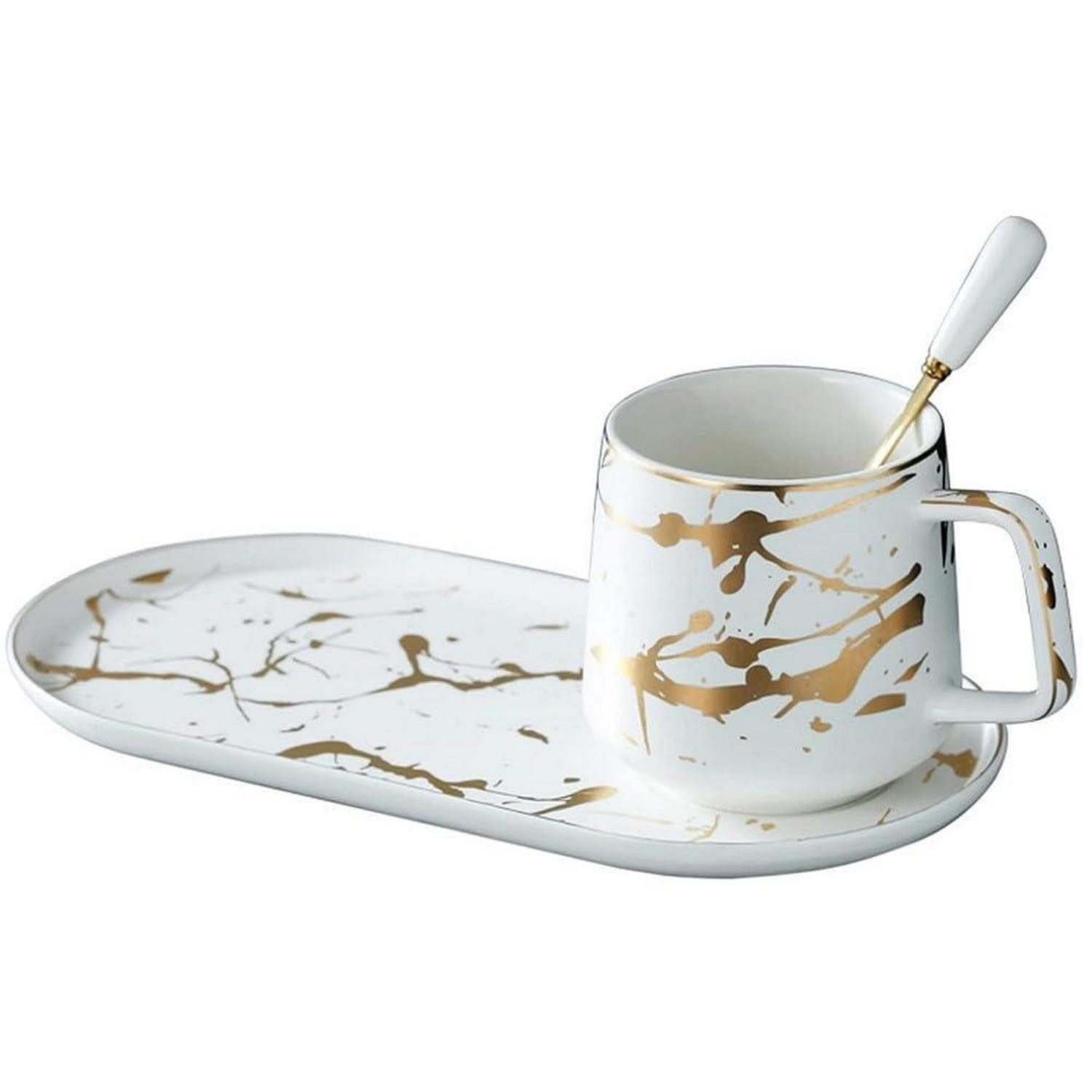 LuxusKollektion Kaffeeservice Kaffeetasse mit Untertasse & Löffel 400ml Marmoroptik Weiß
