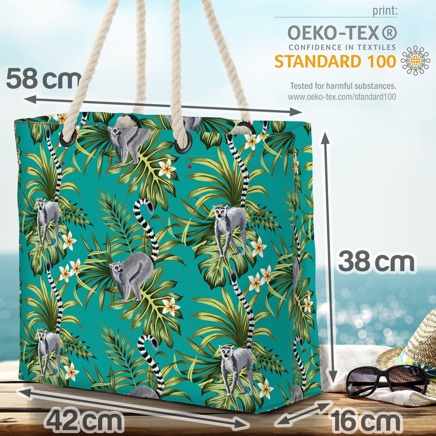 VOID Strandtasche (1-tlg), Tropische Lemuren Blumen-Muster Beach Palmen-Blätter Bag Hibiskus Tier-Muster