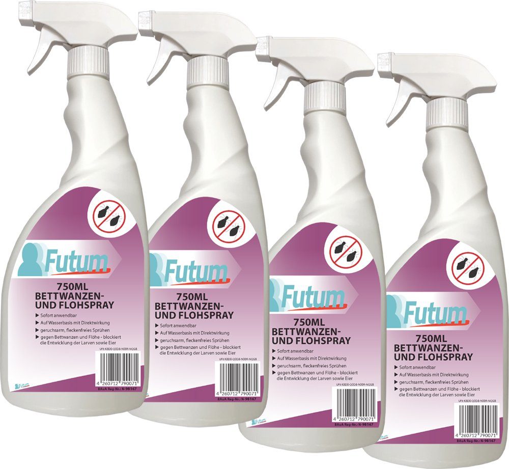 FUTUM brennt Floh-Mittel 4-St., Anti-Bettwanzen-Spray geruchsarm, Ungeziefer-Spray, mit nicht, Wasserbasis, / ätzt Insektenspray auf Langzeitwirkung
