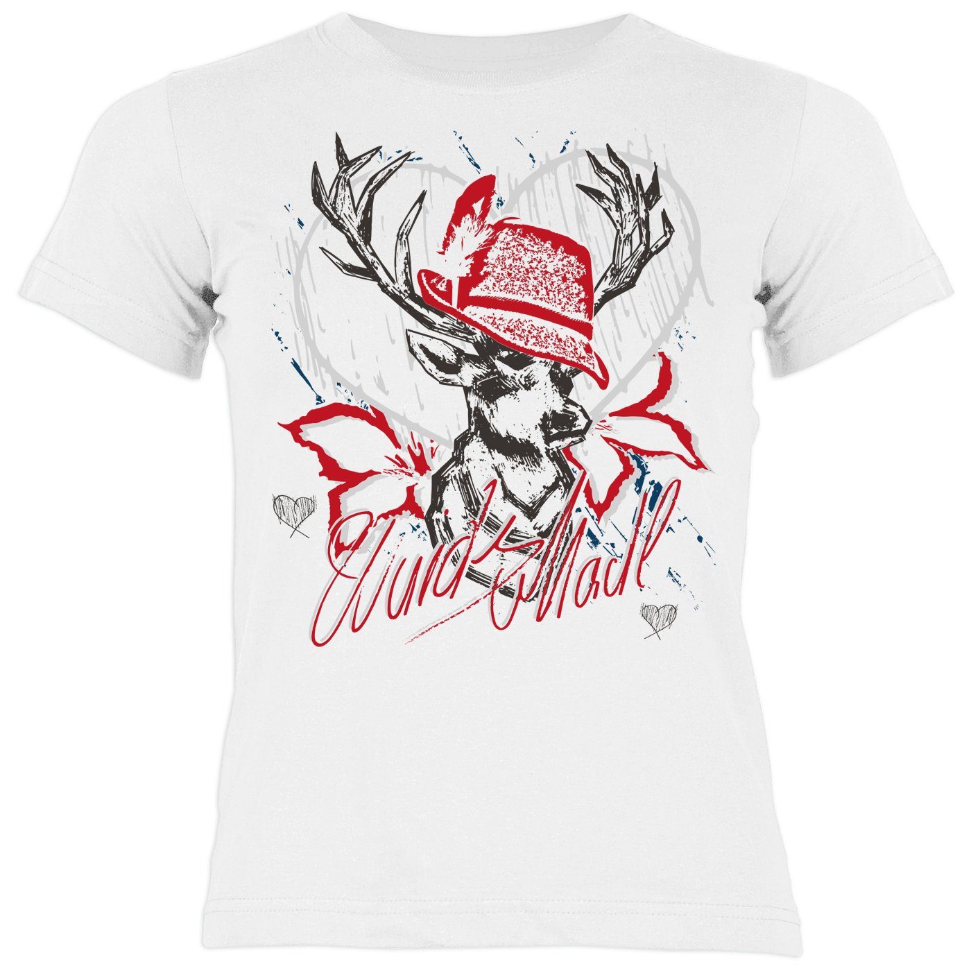 Tini - Shirts T-Shirt Mädchen Trachten Motiv Shirt Bayrisches Trachten Kinder-Shirt / Hirsch Mädchen : Wuids Madl (rot)