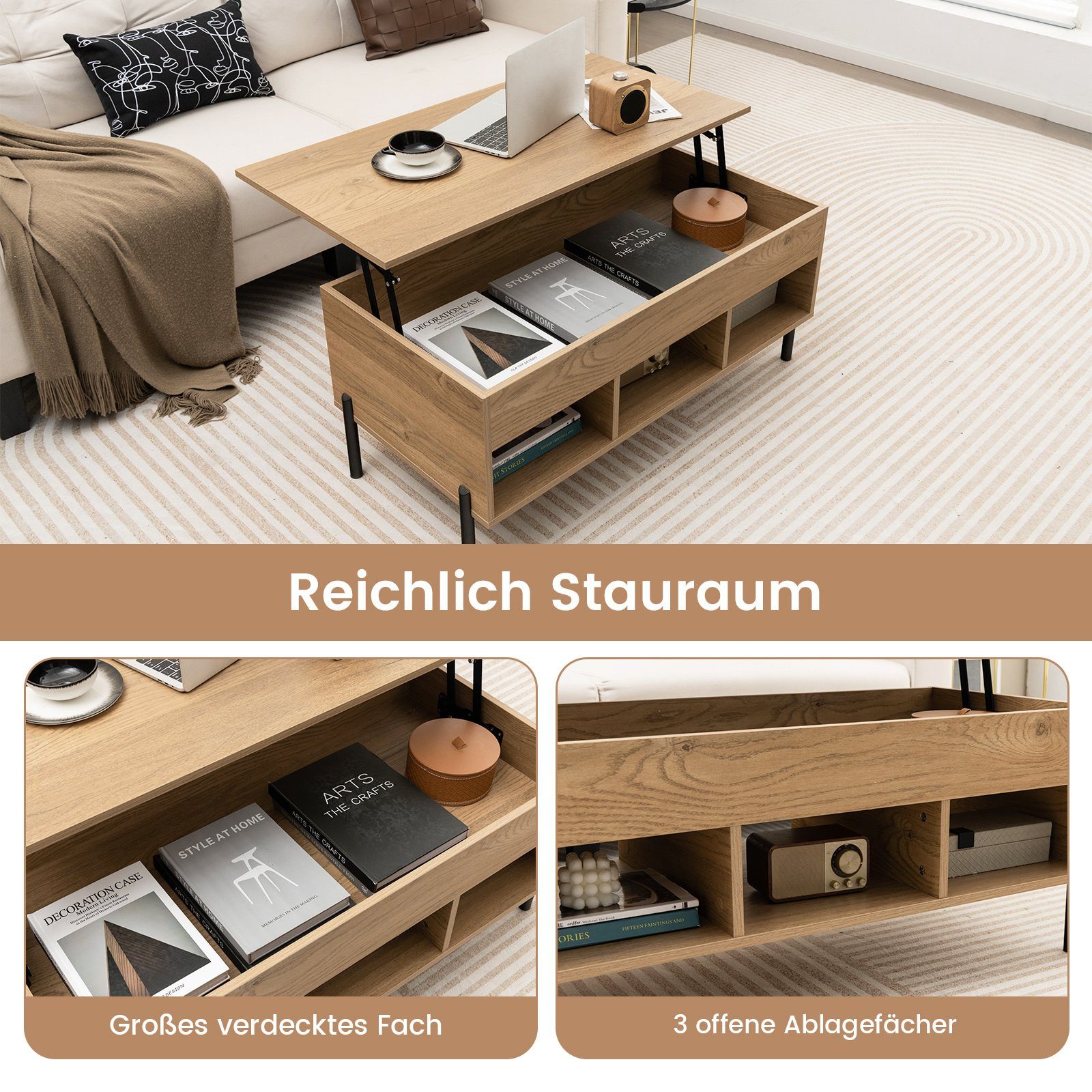 COSTWAY Couchtisch Wohnzimmertisch höhenverstellbar, mit Stauraum, Holz – Bild 3 von 5