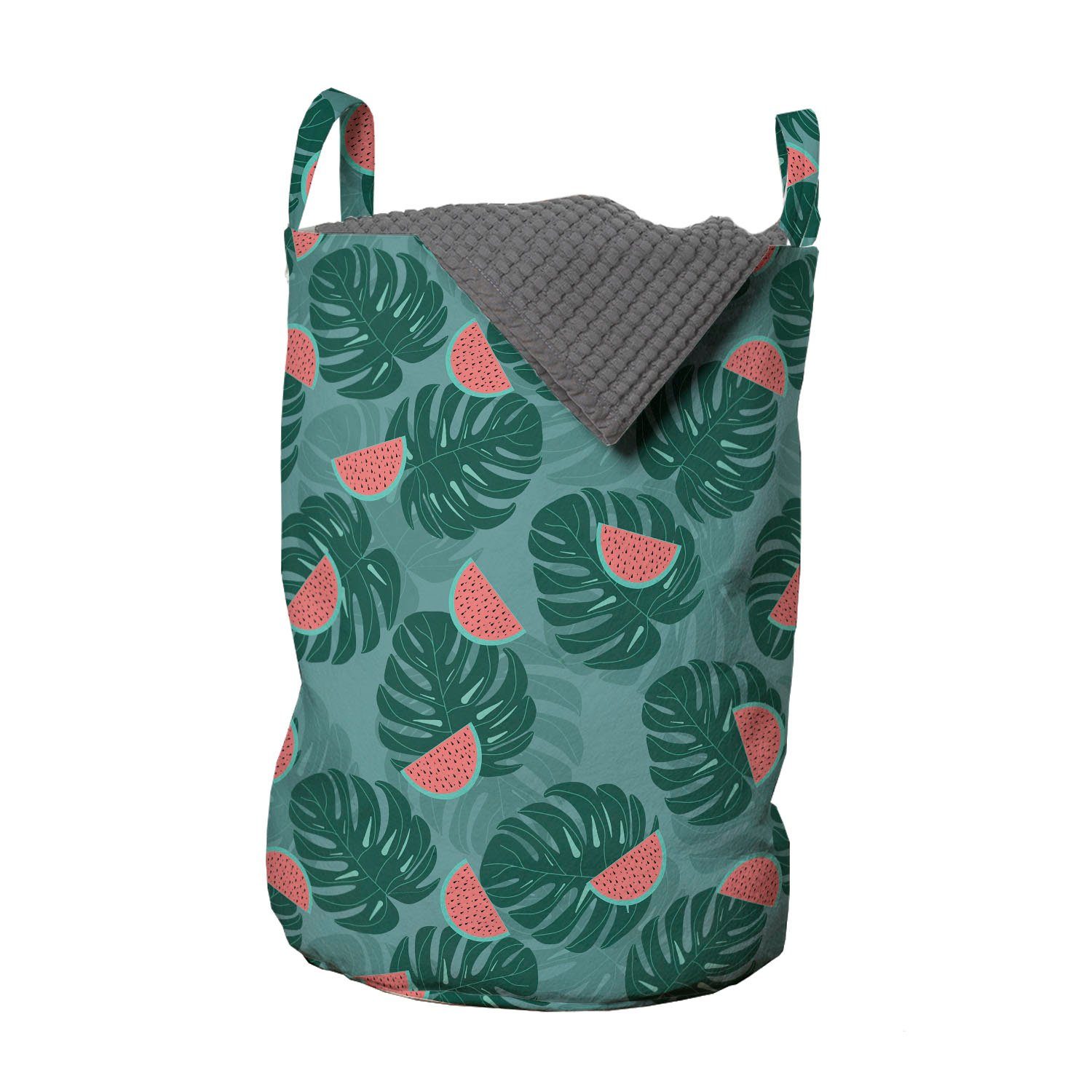 Abakuhaus Wäschesäckchen Wäschekorb mit Griffen Kordelzugverschluss für Waschsalons, Natur-Kunst Palmblätter Wassermelonen | Wäschesäcke