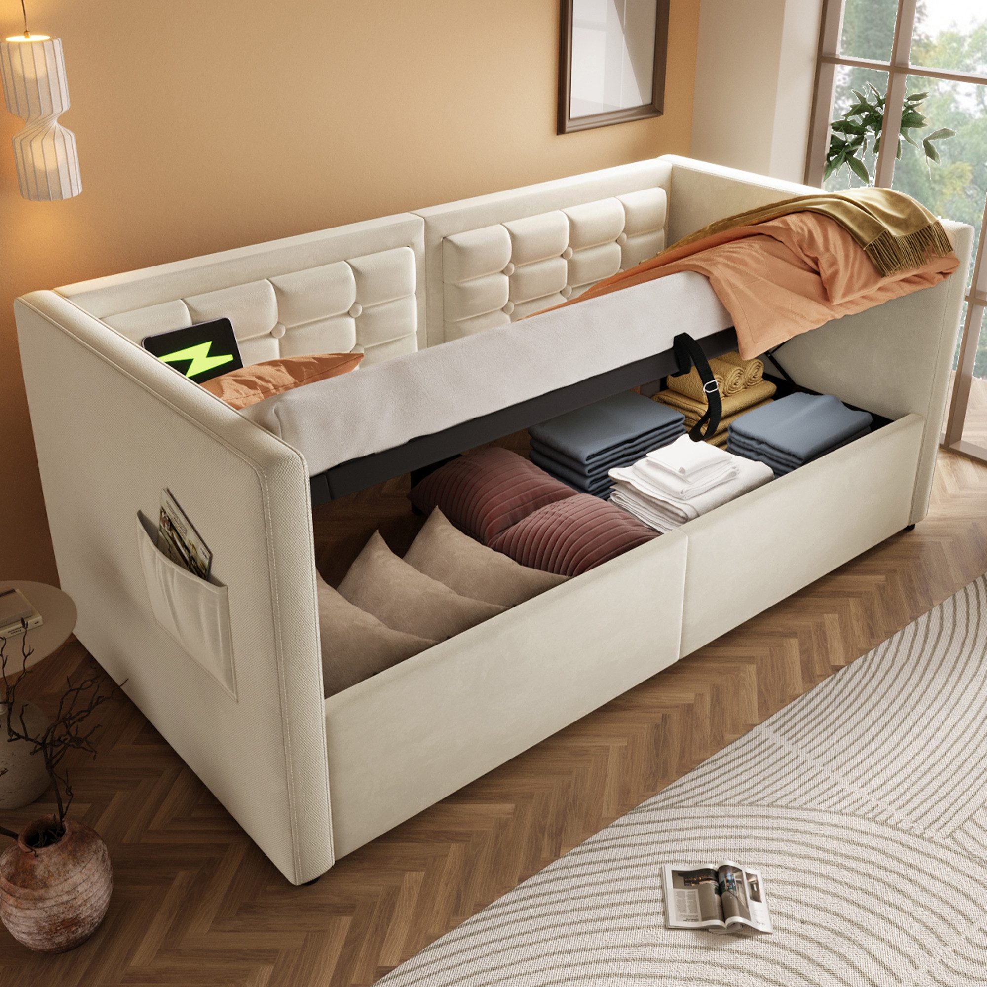 Ulife Schlafsofa mit Hydraulischem Stauraum und USB & Type-C Ladestation, 1 Teile, Gästebett mit Holzlattenrost