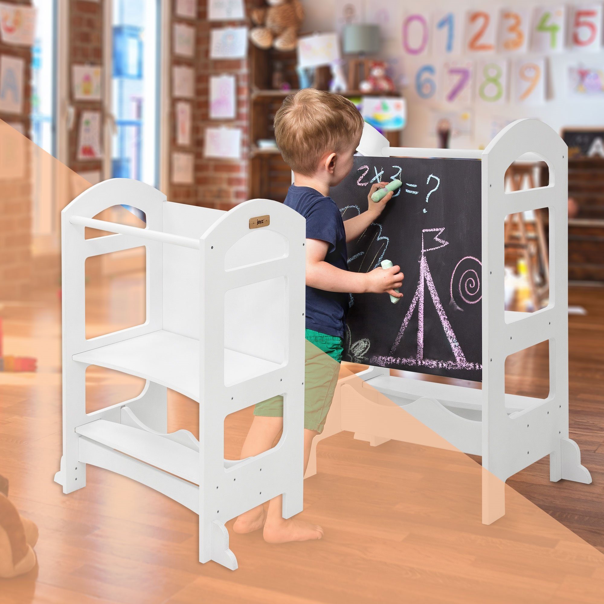 Joyz Kinderstuhl Lernturm 2in1 für Kinder ab 1 Jahr Weiß aus Holz inkl.  Tafel von Joyz