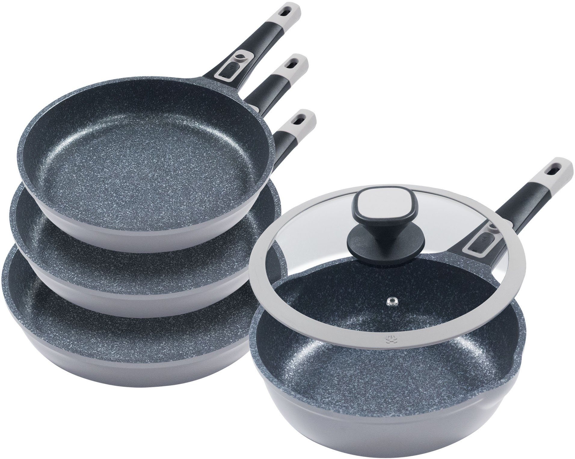 KING Pfannen-Set Moonscape, Aluminiumguss (Set, 5-tlg., je 1 Pfanne Ø 20/24/28/24 cm, H: 4,5/5/5,5/7,5 cm, - 1/1,9/2,5/2,8 l), abnehmbarer Griff, MOONSCAPE-Beschichtung, Induktion