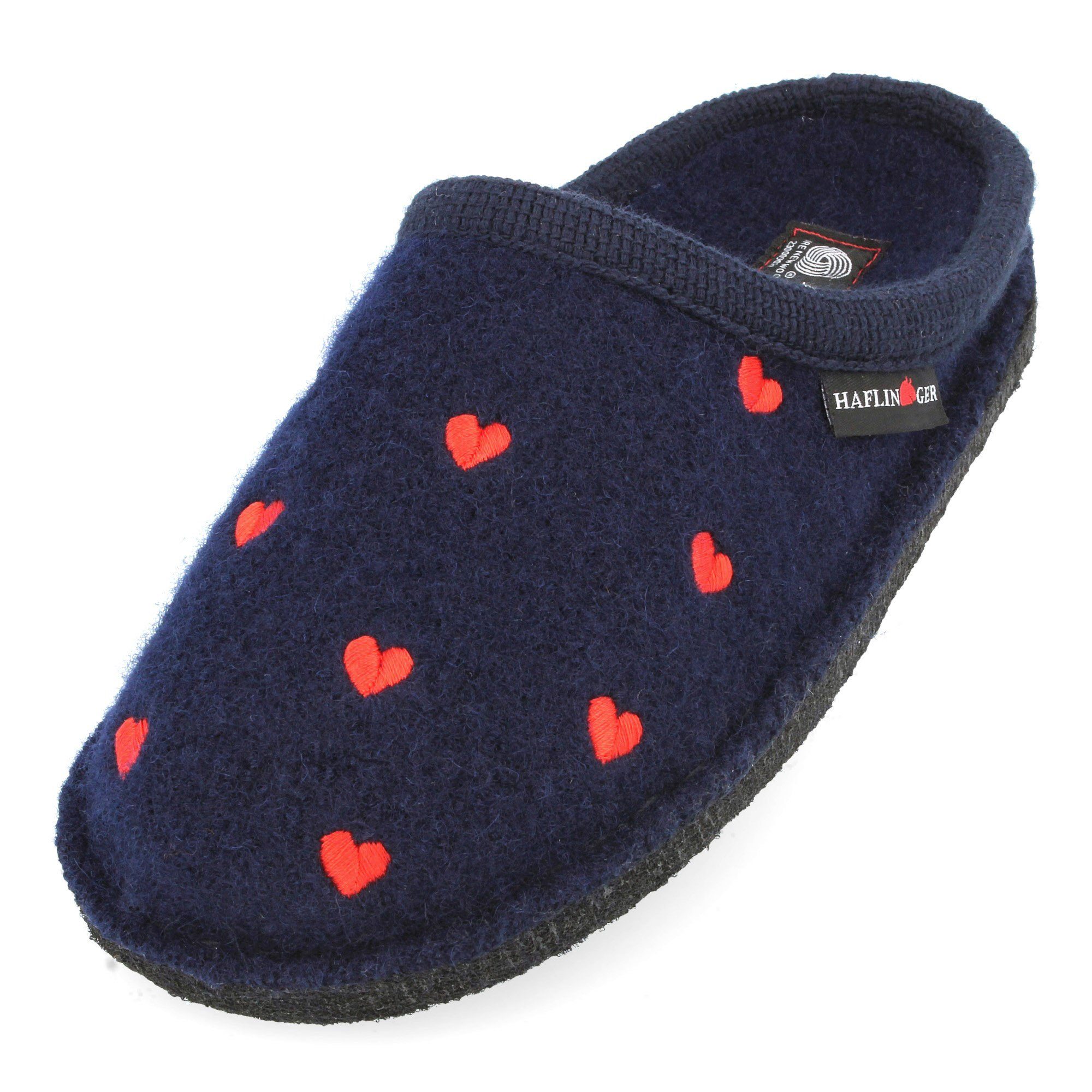 Haflinger Flair Valentine Pantoffeln aus gewalkter Wolle Herzmotiv Unisex Hausschuh
