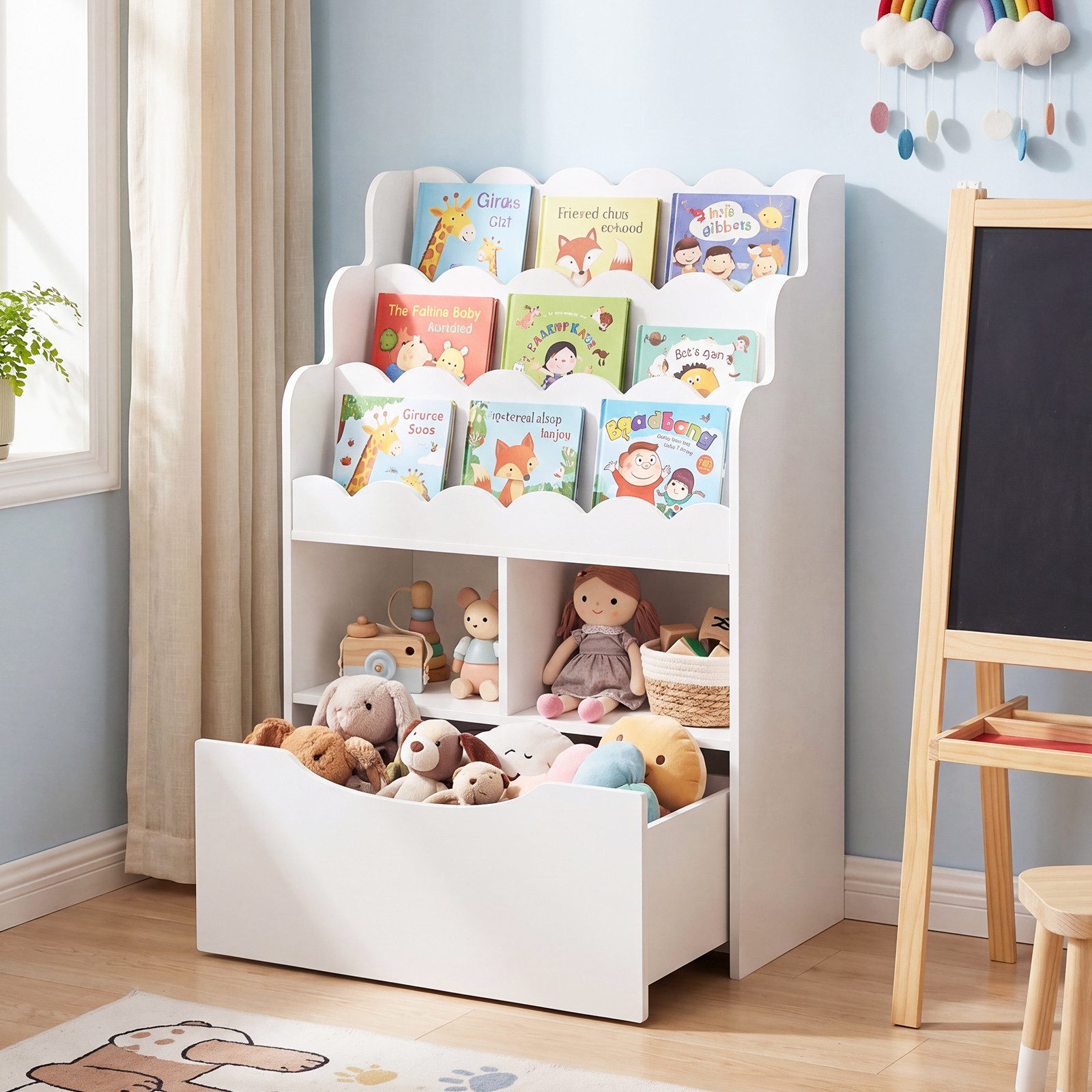 COSTWAY Kinderregal, Spielzeugregal mit 5 Ebenen, Schubladen auf Rollen & 2 offenen Fächern