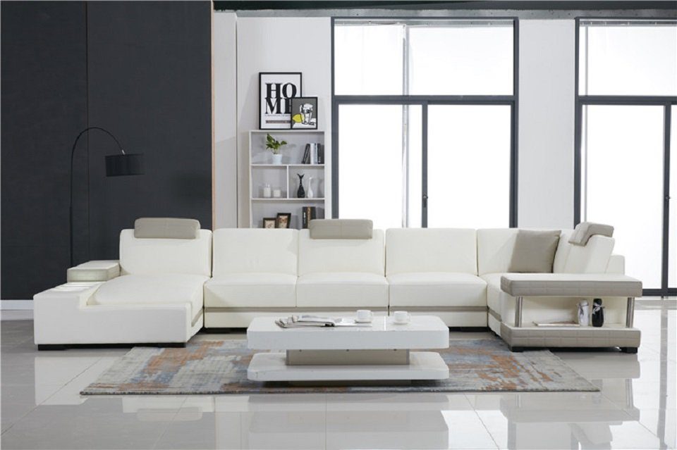 JVmoebel Ecksofa U Form Sofa Couch Polster Wohnlandschaft Design Luxus Ecksofa Leder Weiß/Grau