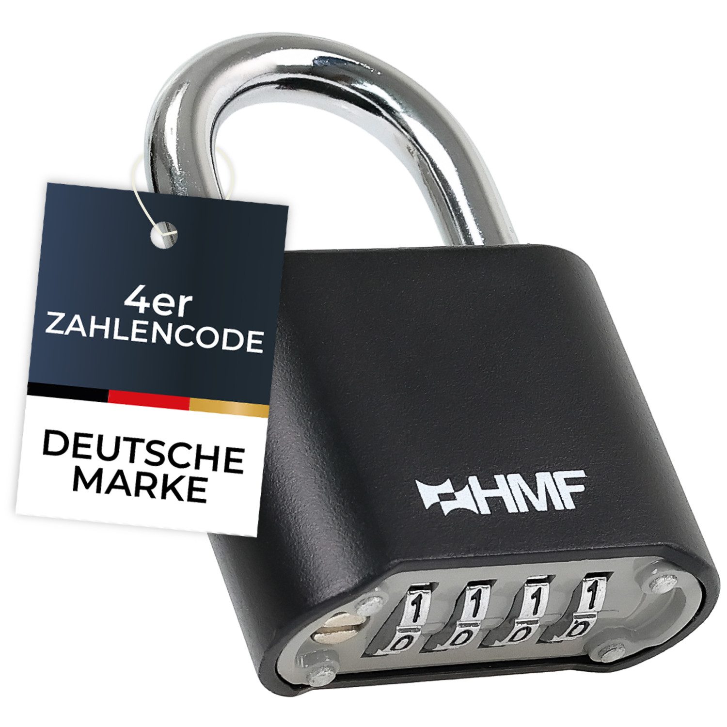 HMF Vorhängeschloss Zahlenschloss Vorhängeschloss, robustes Schloss mit 4-stelligem, Zahlencode aus Zinklegierung, 5,3 x 2,4 x 7,8 cm, Schwarz