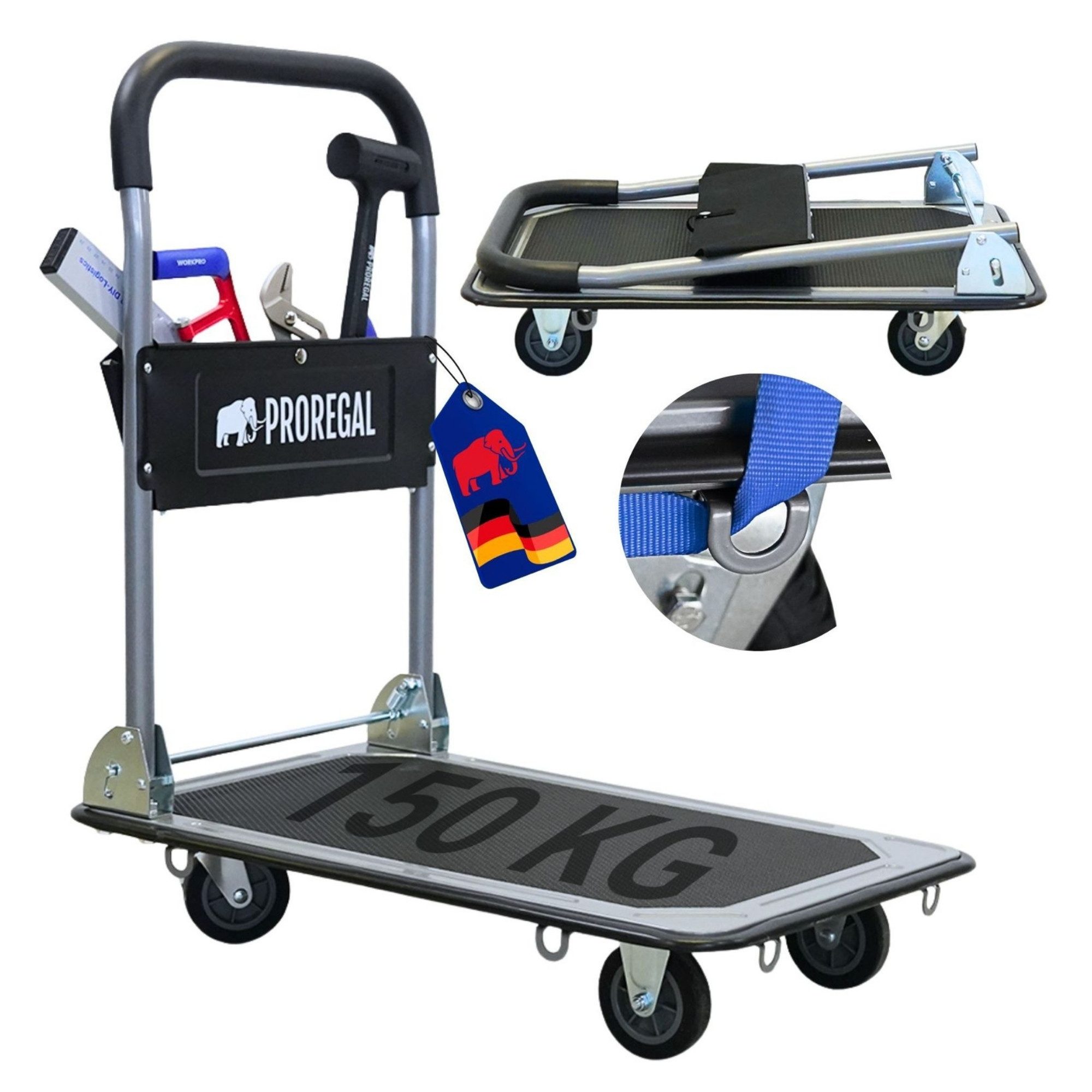 PROREGAL® Transportwagen Profi-Plattformwagen Transporthilfe Handwagen RHINO mit Werkzeugtasche, 2x 360° Lenkrollen & 2x Bockrollen mit Feststellbremse