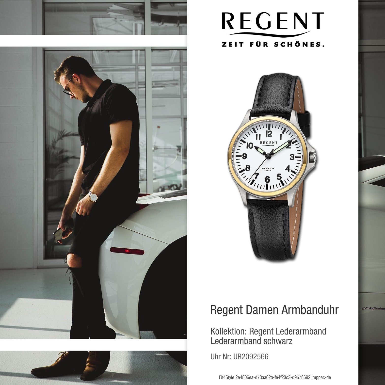 Regent Quarzuhr extra Damenuhr Regent Armbanduhr rundes 32mm) (ca. Gehäuse, groß Lederarmband schwarz, Damen Analog
