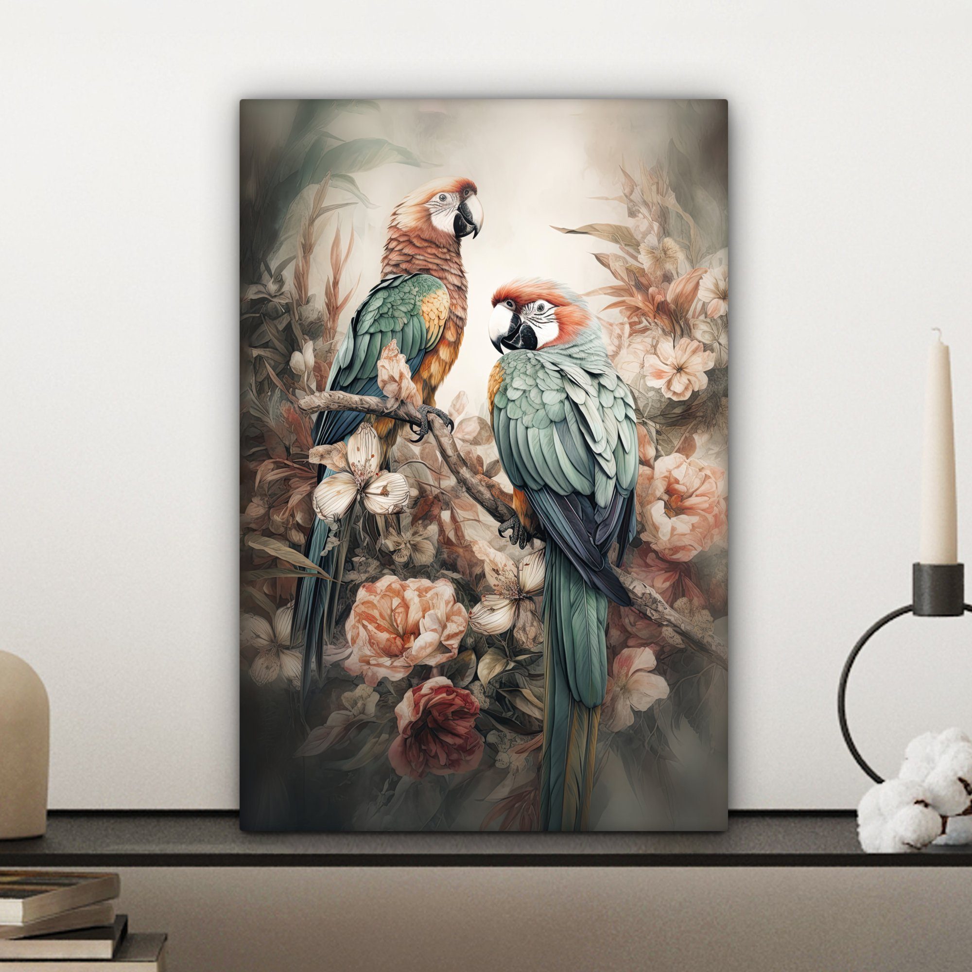- bespannt Vögel Gemälde, OneMillionCanvasses® - Zackenaufhänger, Natur inkl. - St), Leinwandbild Leinwandbild Papageien Blumen, cm 20x30 fertig (1